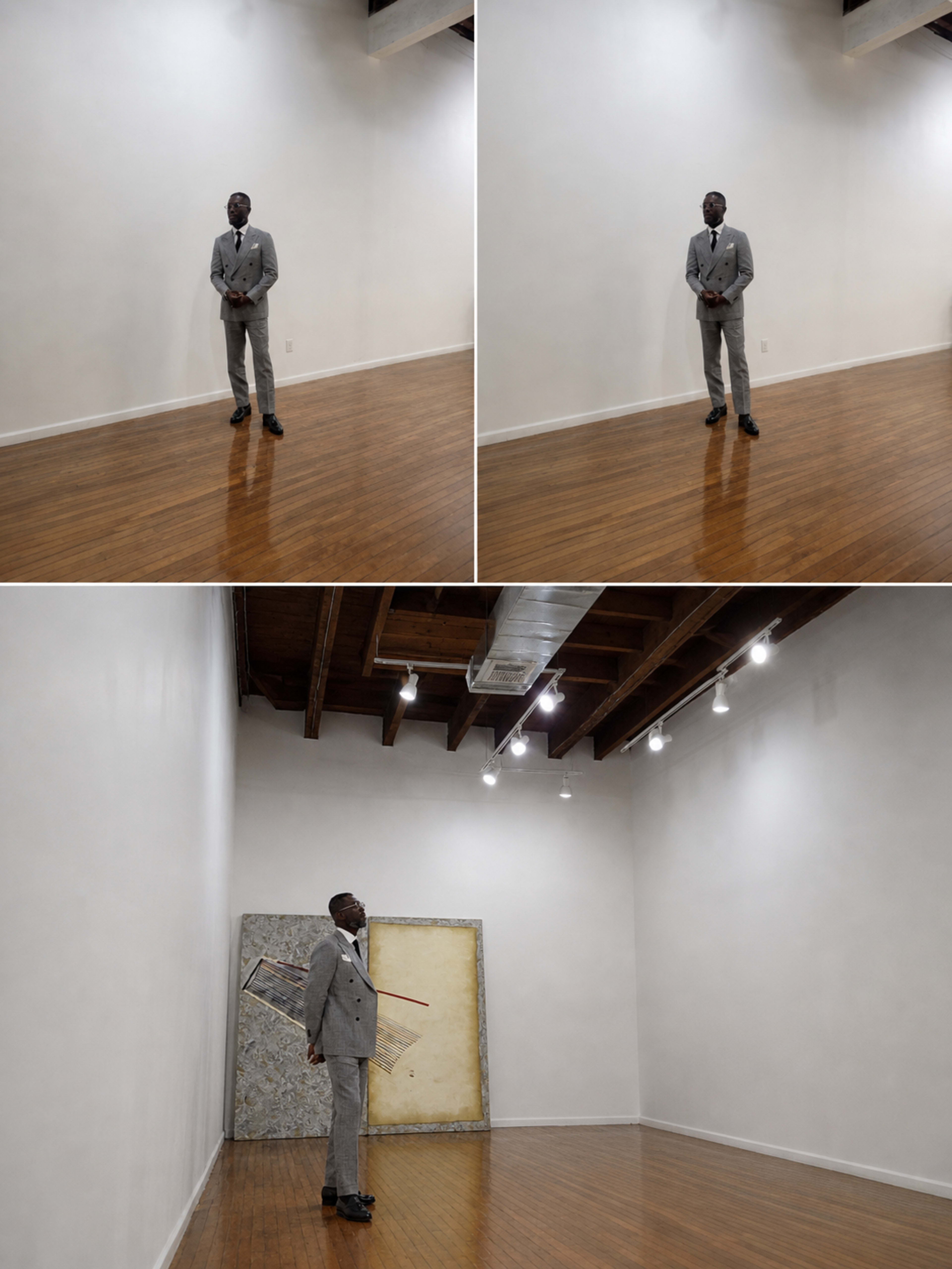 A man in a gray suit stands in a sparse gallery with wooden floors, beside a large, framed artwork against the wall.