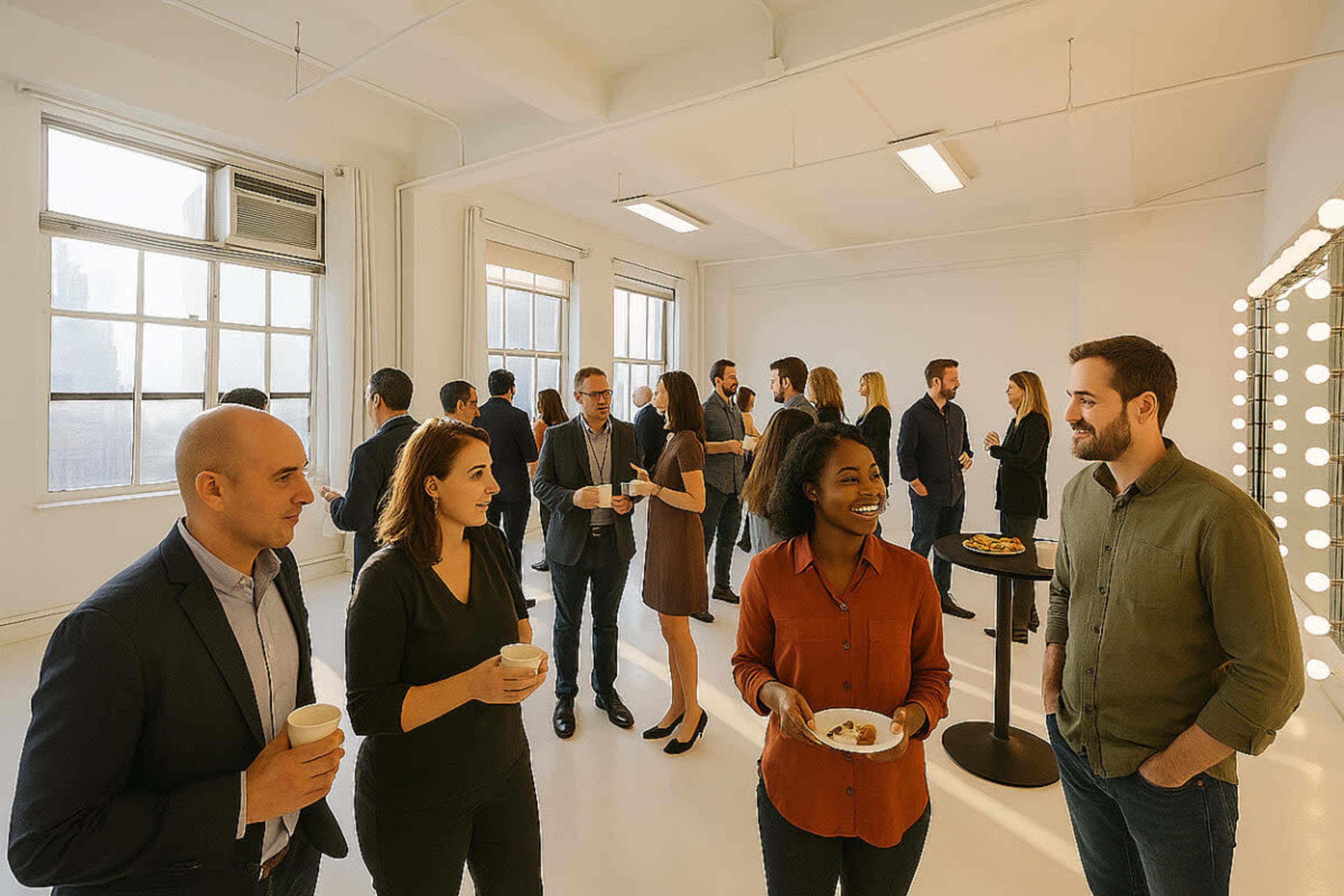 A group of people mingles at a social event in a bright, open room with large windows and light-colored walls.