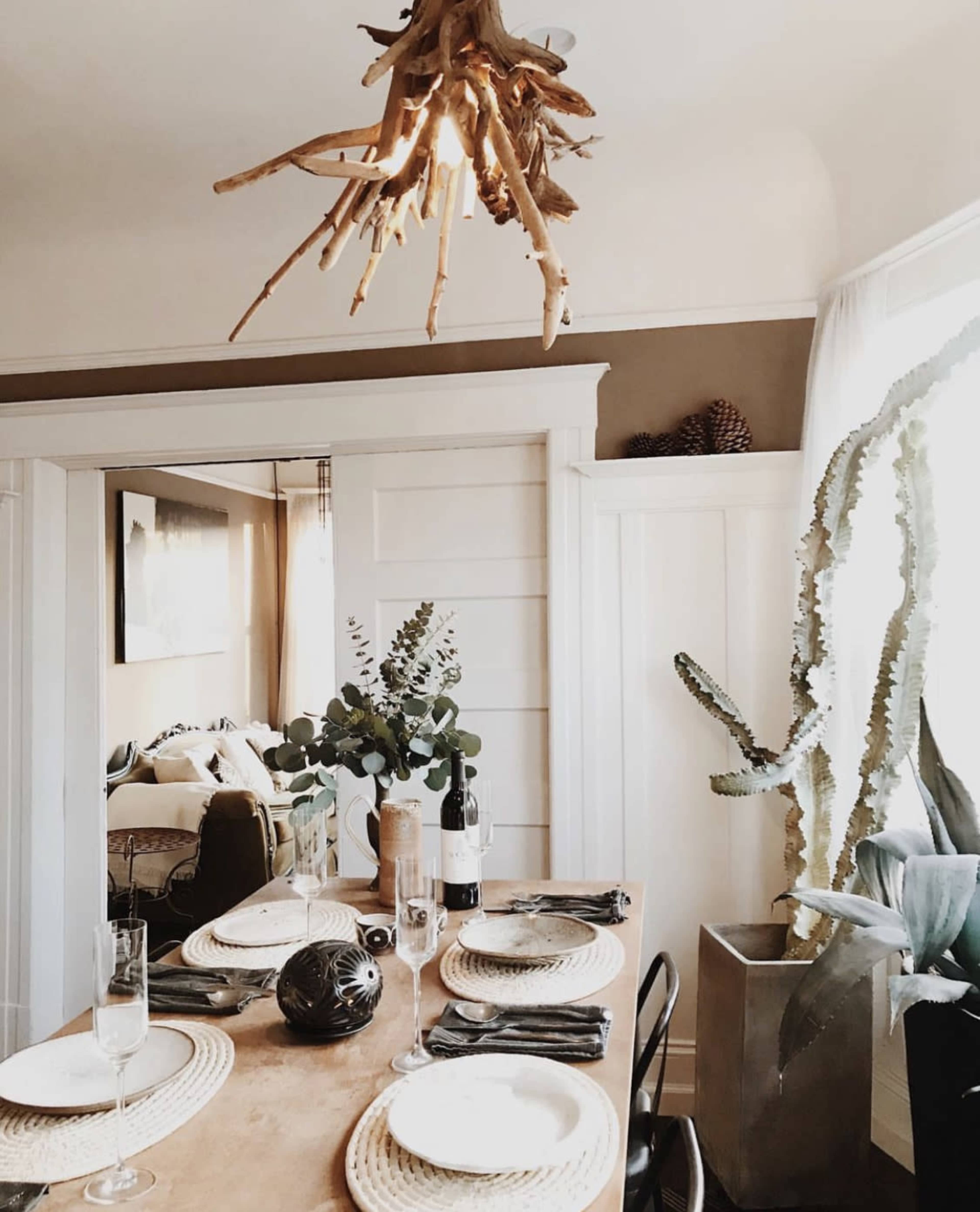 A dining room features a wooden table set with plates, glassware, and cutlery, topped by a unique branch chandelier, adjacent to a large cactus and greenery in decorative pots.
