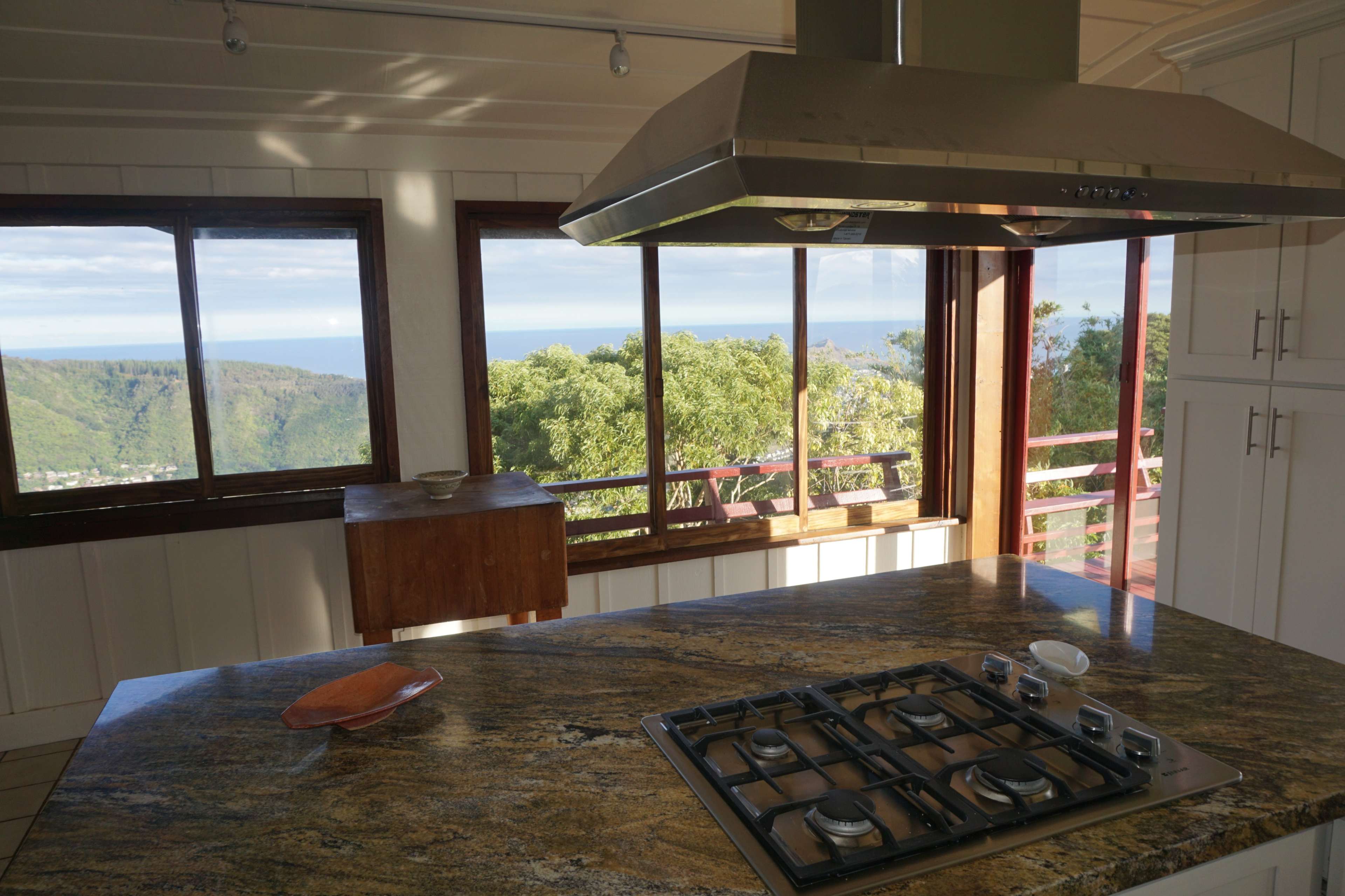 The image shows a kitchen with a gas stove on a granite countertop and large windows that offer a view of the ocean and surrounding hills.