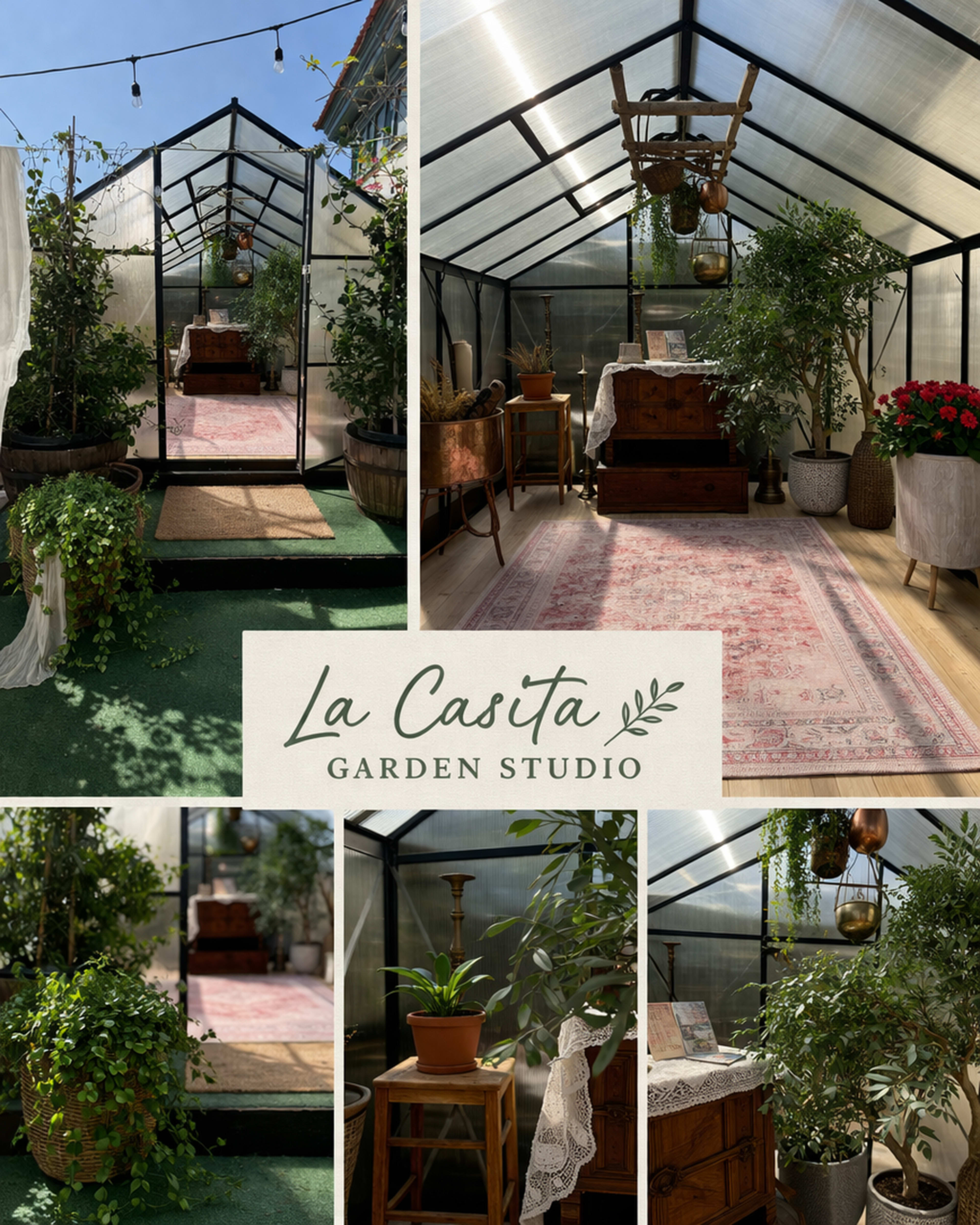 The image features a greenhouse interior with plants, a decorative rug, wooden furniture, and a sign that reads "La Casita Garden Studio."