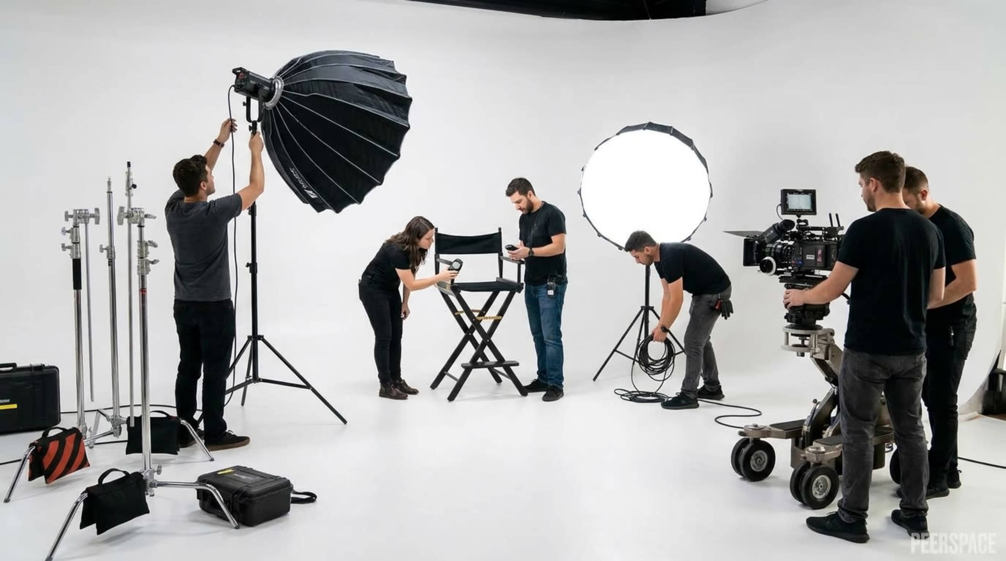A film crew is setting up equipment in a studio with a white backdrop, including lights, a camera, and a director's chair.