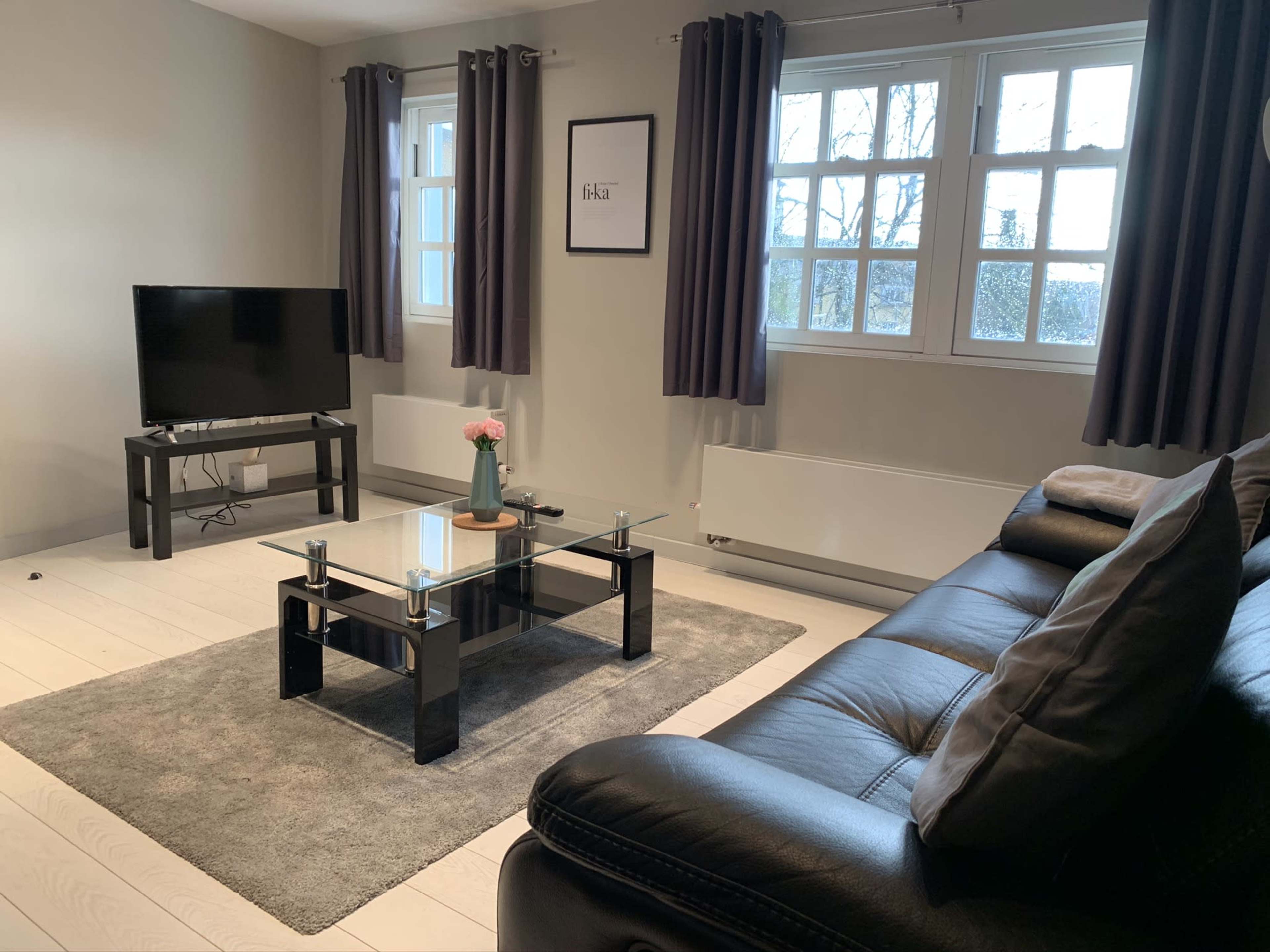 The room features a dark leather sofa, a glass coffee table on a gray rug, a television on a stand, and large windows covered with gray curtains.