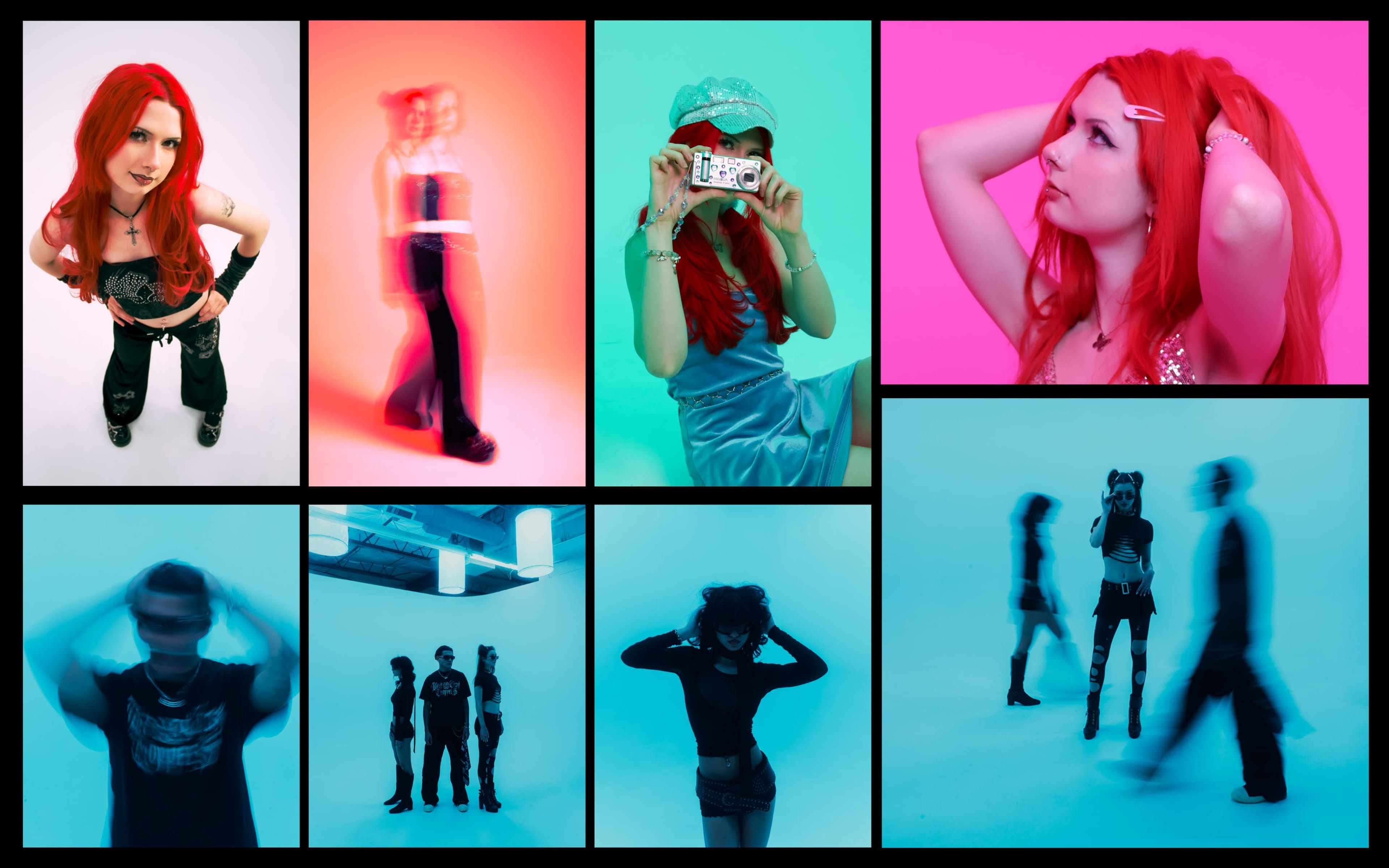 The image features a collage of various individuals with vibrant hairstyles posing in different settings and styles, with some images showcasing motion blur.