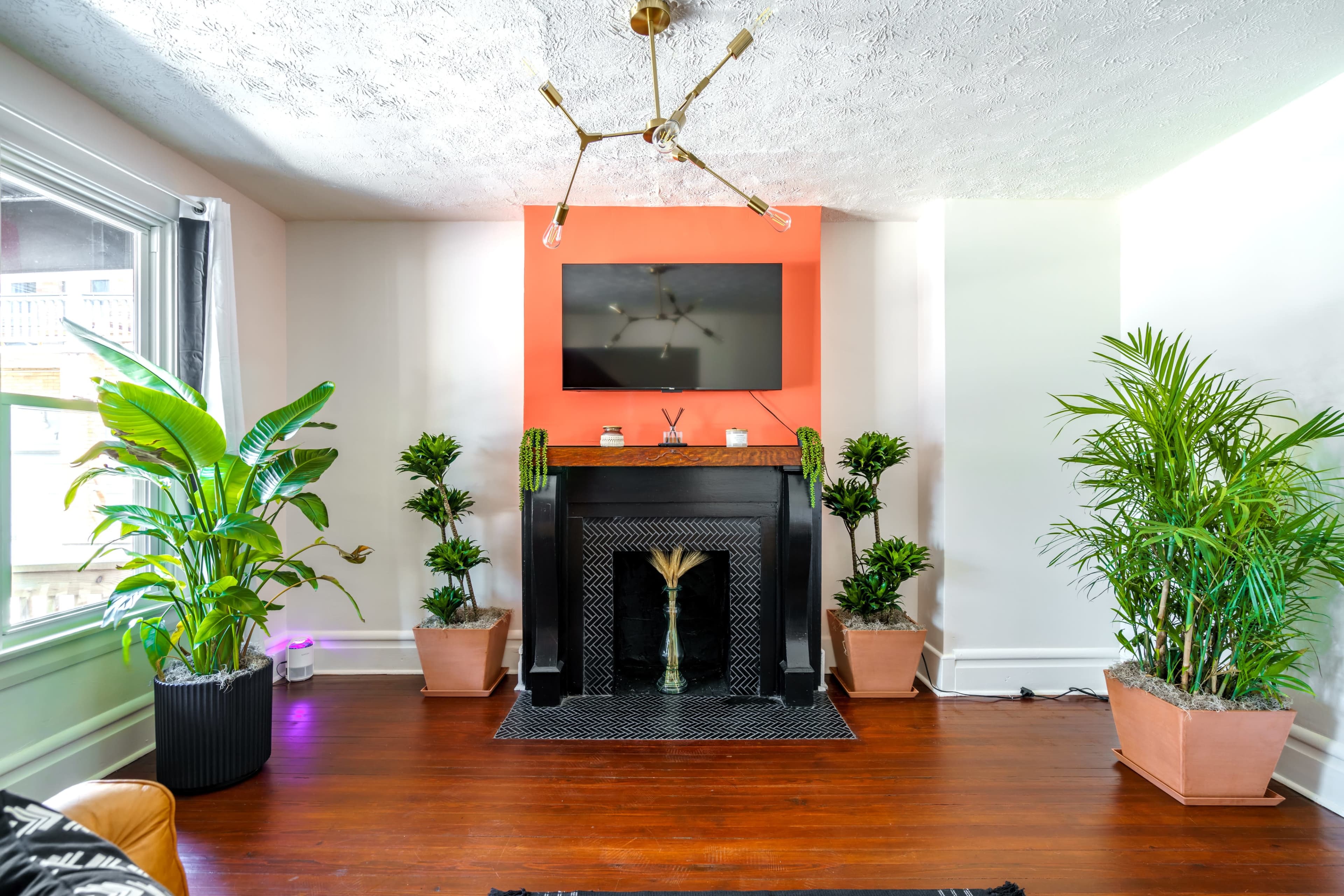 The room features a modern living space with a black fireplace, a mounted television above it, and potted plants on either side.