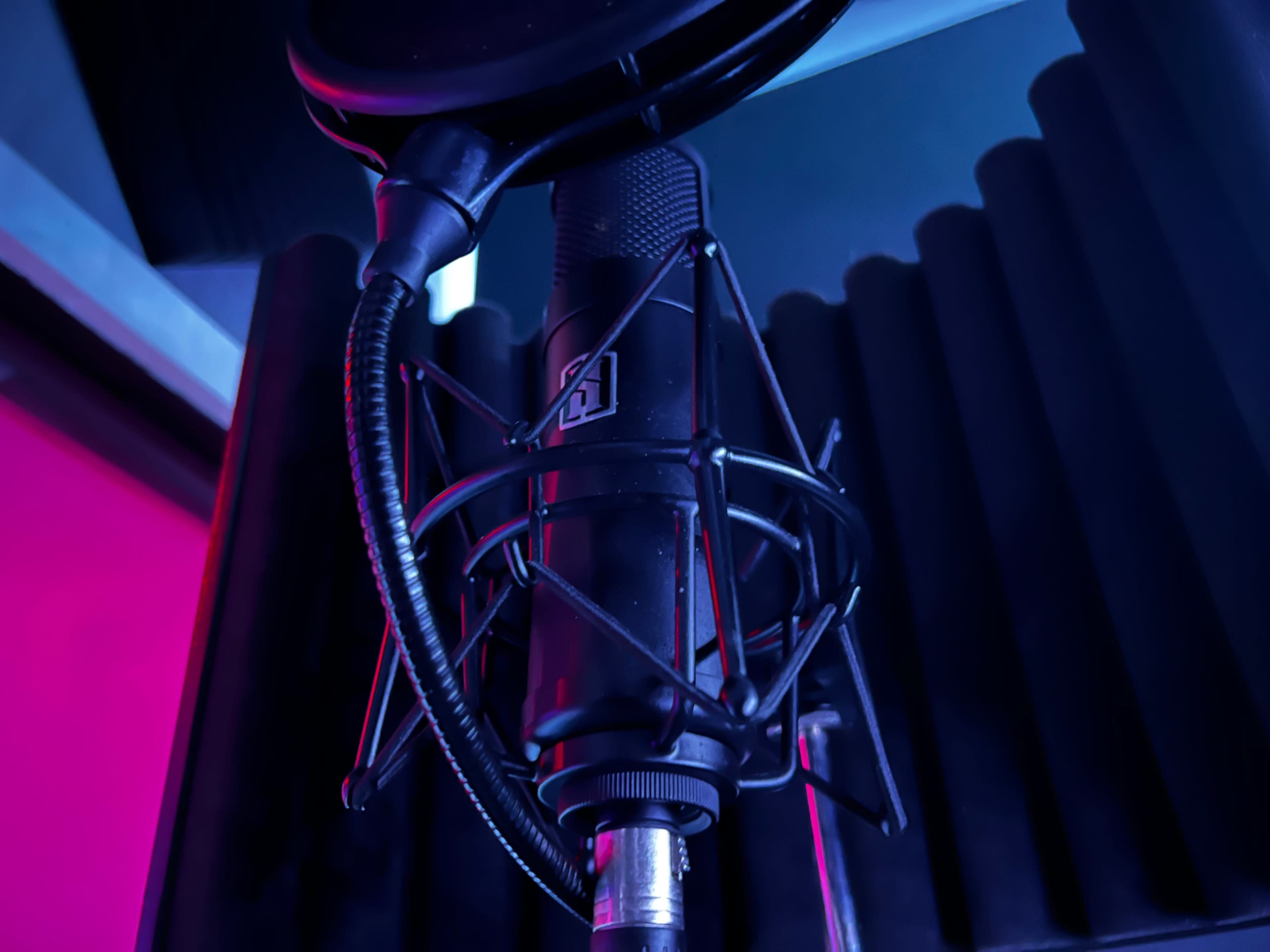 A black microphone is mounted in a shock mount against a backdrop of foam soundproofing panels, illuminated by purple and blue lighting.