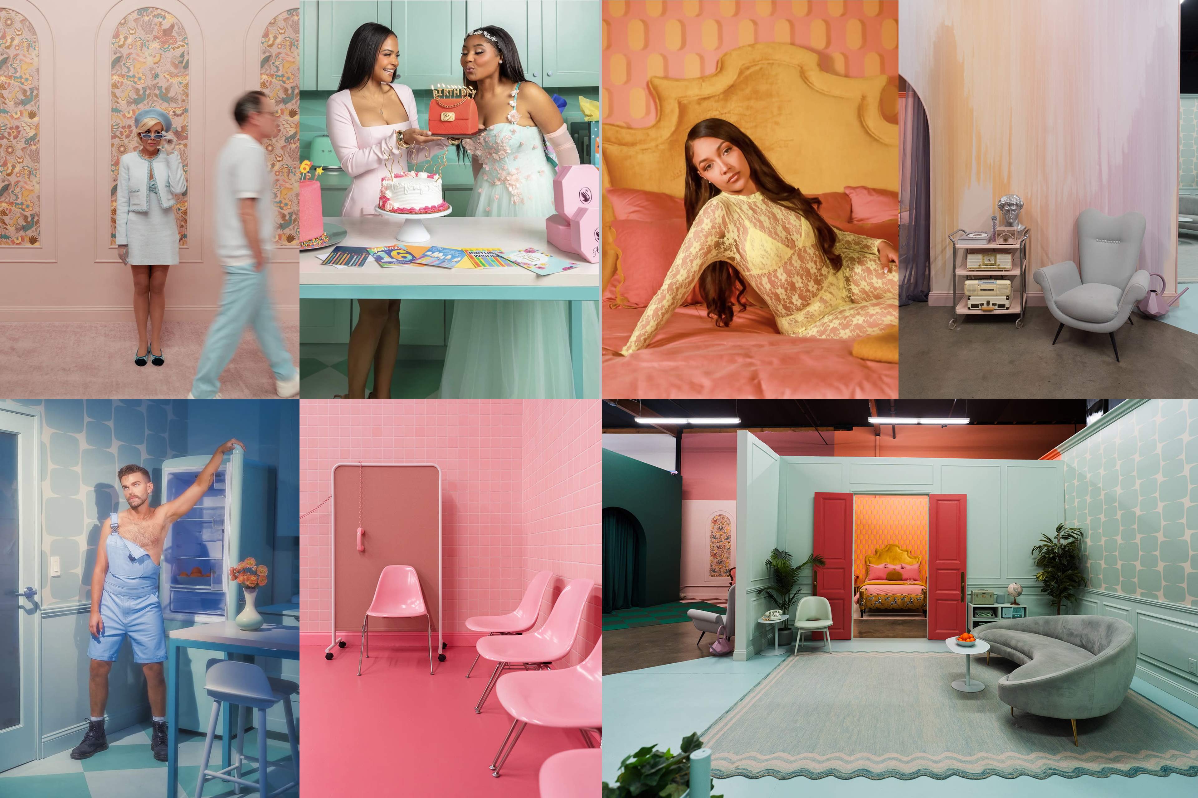 The image is a collage featuring pastel-colored rooms with various scenes, including people celebrating around a cake, a woman posing with furniture, and a model lounging in a stylish setting.