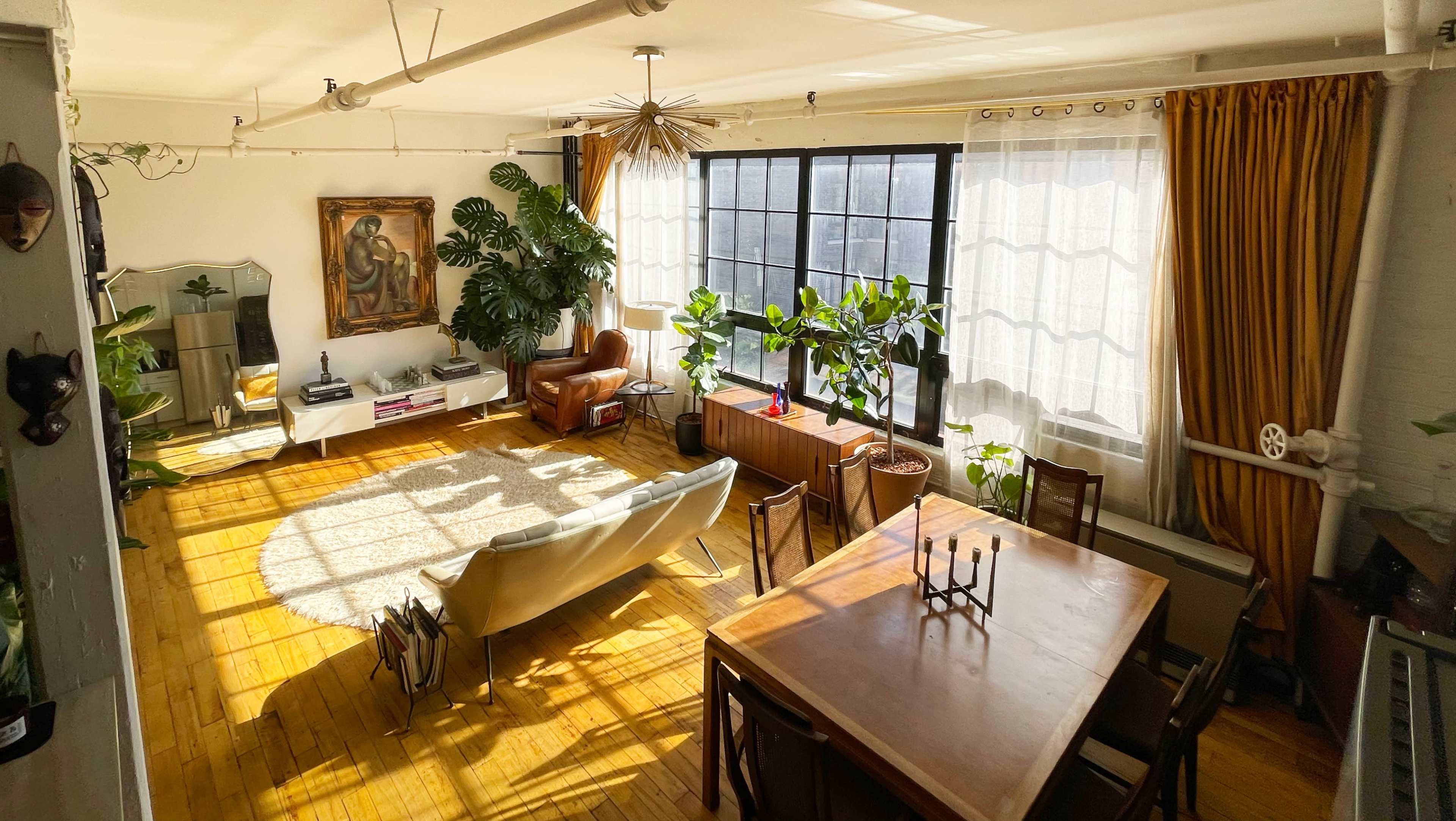 A bright living room with large windows, wooden floors, a circular rug, plants, and a mix of modern and vintage furniture.
