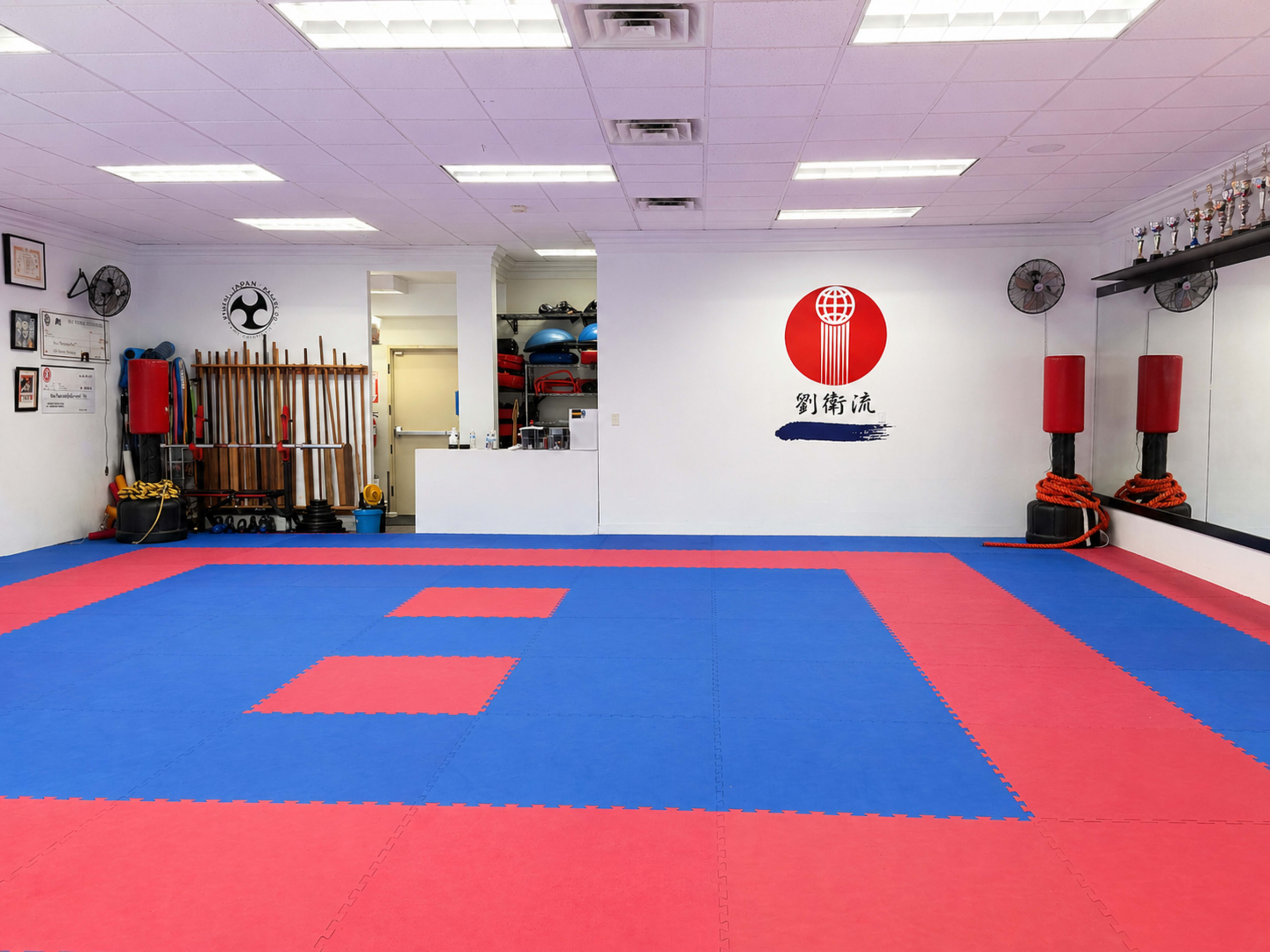 The image shows a martial arts training room with red and blue mats, wall decorations, weapons displayed, and a mirror.
