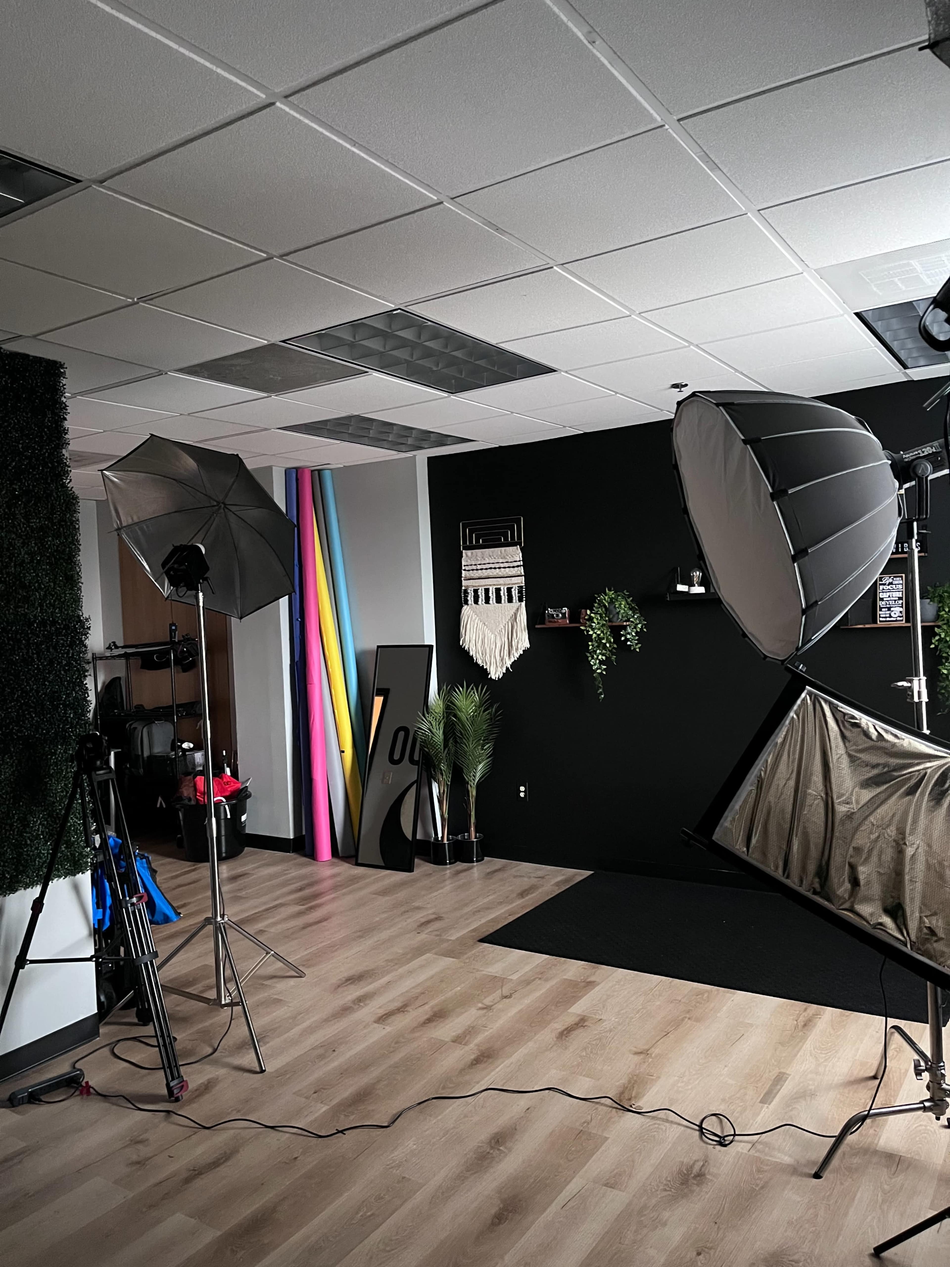 A photography studio equipped with softbox lights, multicolored backdrops, and various photography equipment arranged in a modern setting.