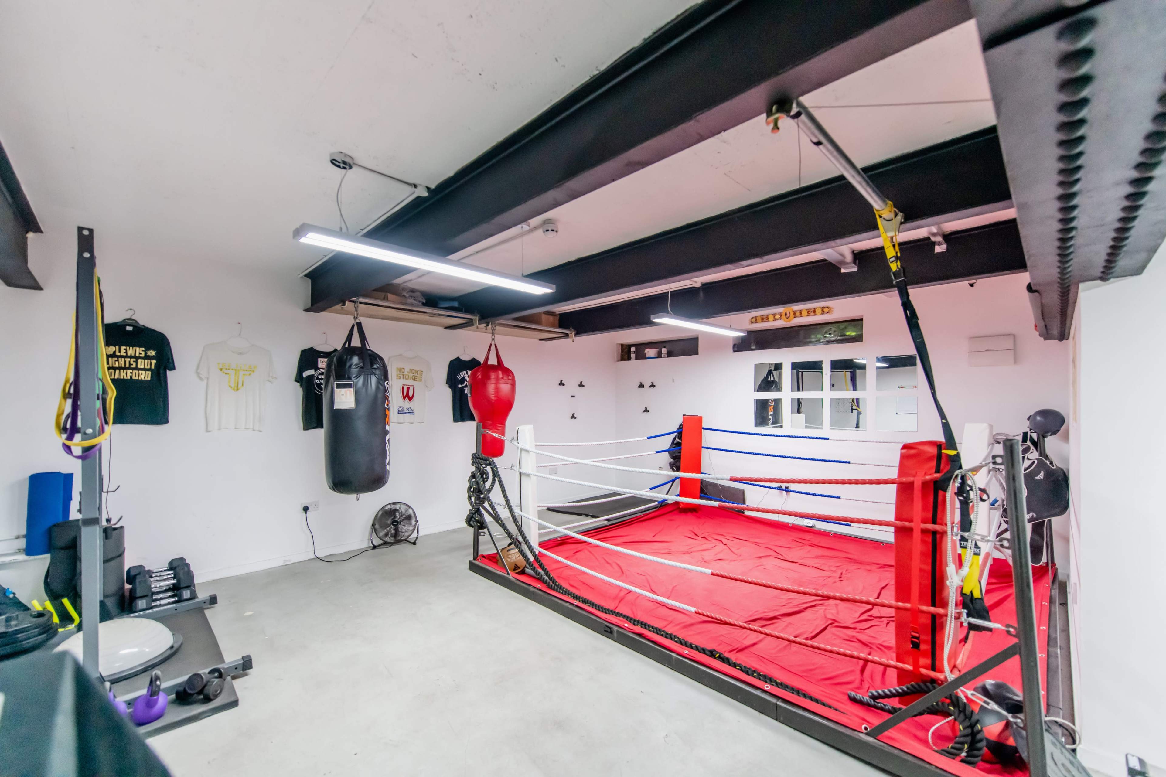 A boxing gym featuring a red and white ring, a heavy punching bag, and various training equipment against a minimalist backdrop.