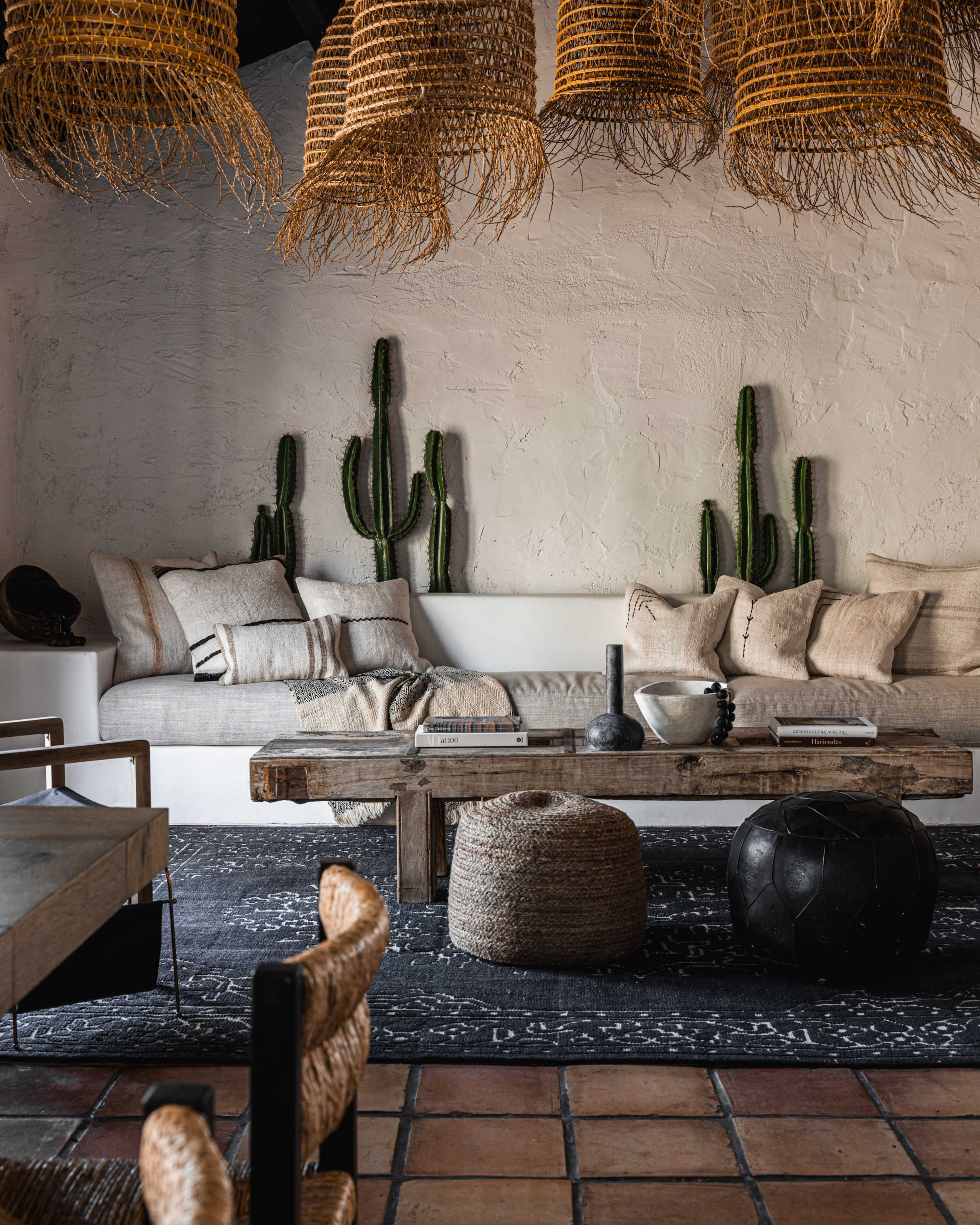 The image shows a stylish living room featuring a light-colored sofa with decorative pillows, a wooden coffee table, and hanging woven light fixtures, alongside cacti against a textured wall.