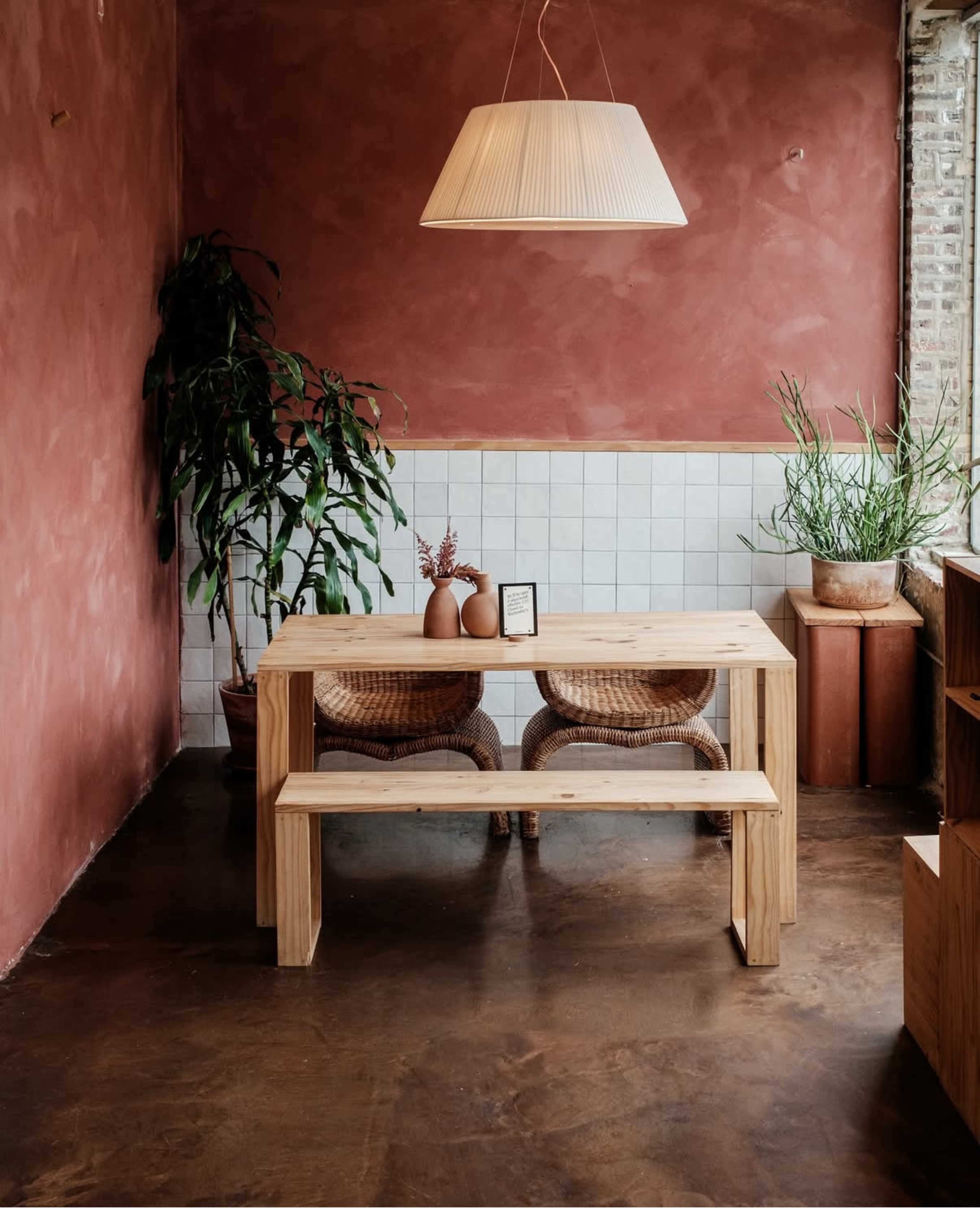 A wooden table with two woven chairs sits in a room with red walls and potted plants.