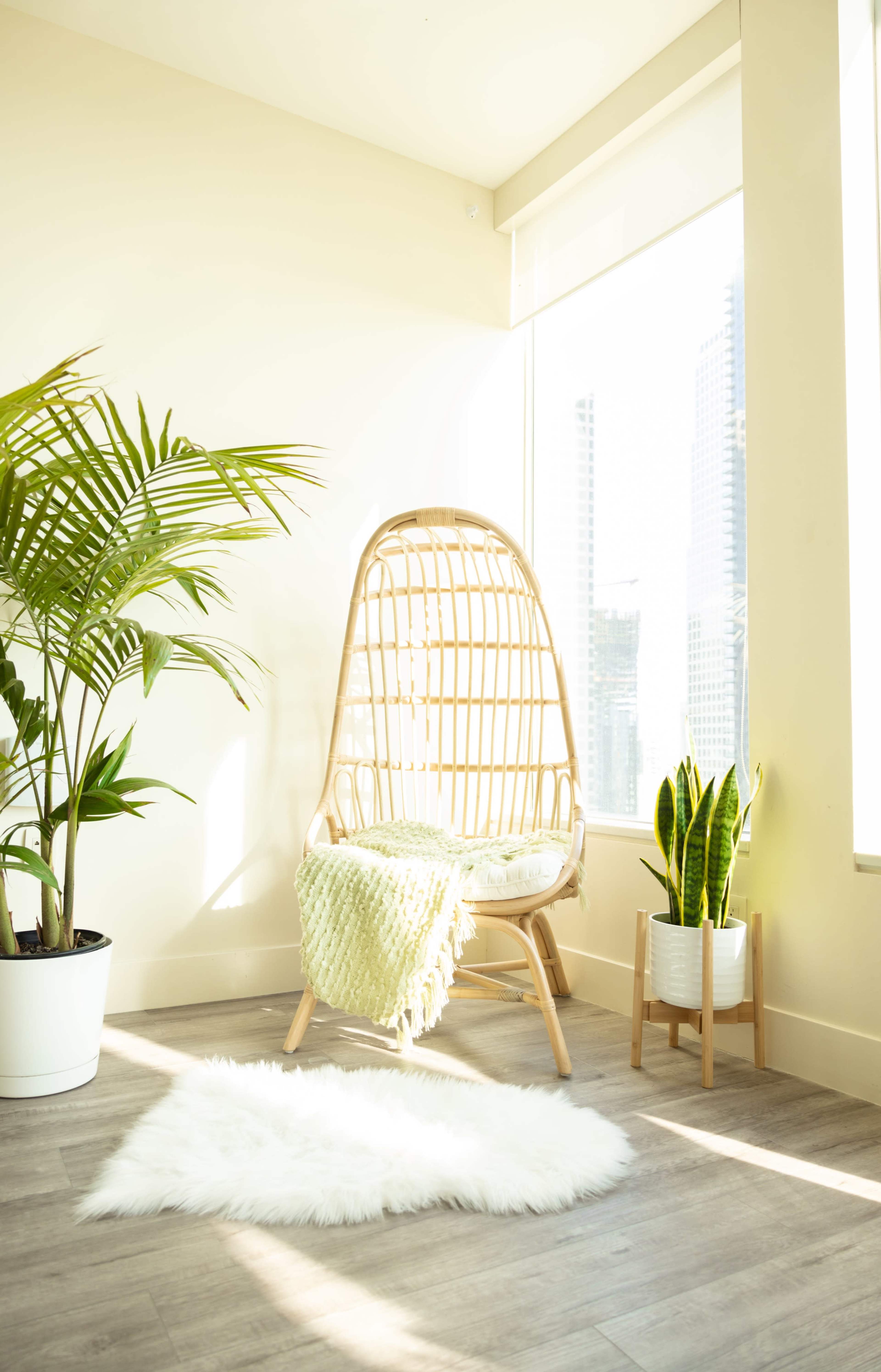 A wicker chair with a cozy throw blanket is positioned near a large window, accompanied by potted plants on a light-colored floor.