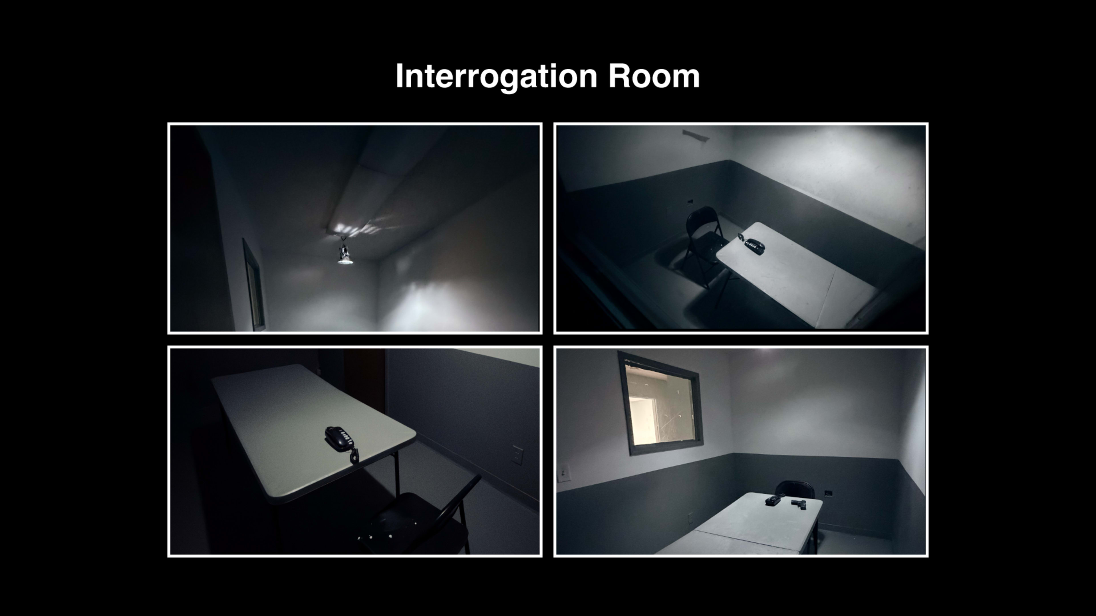 The image depicts four angles of a dimly lit interrogation room featuring a table, a chair, and a microphone on the table.