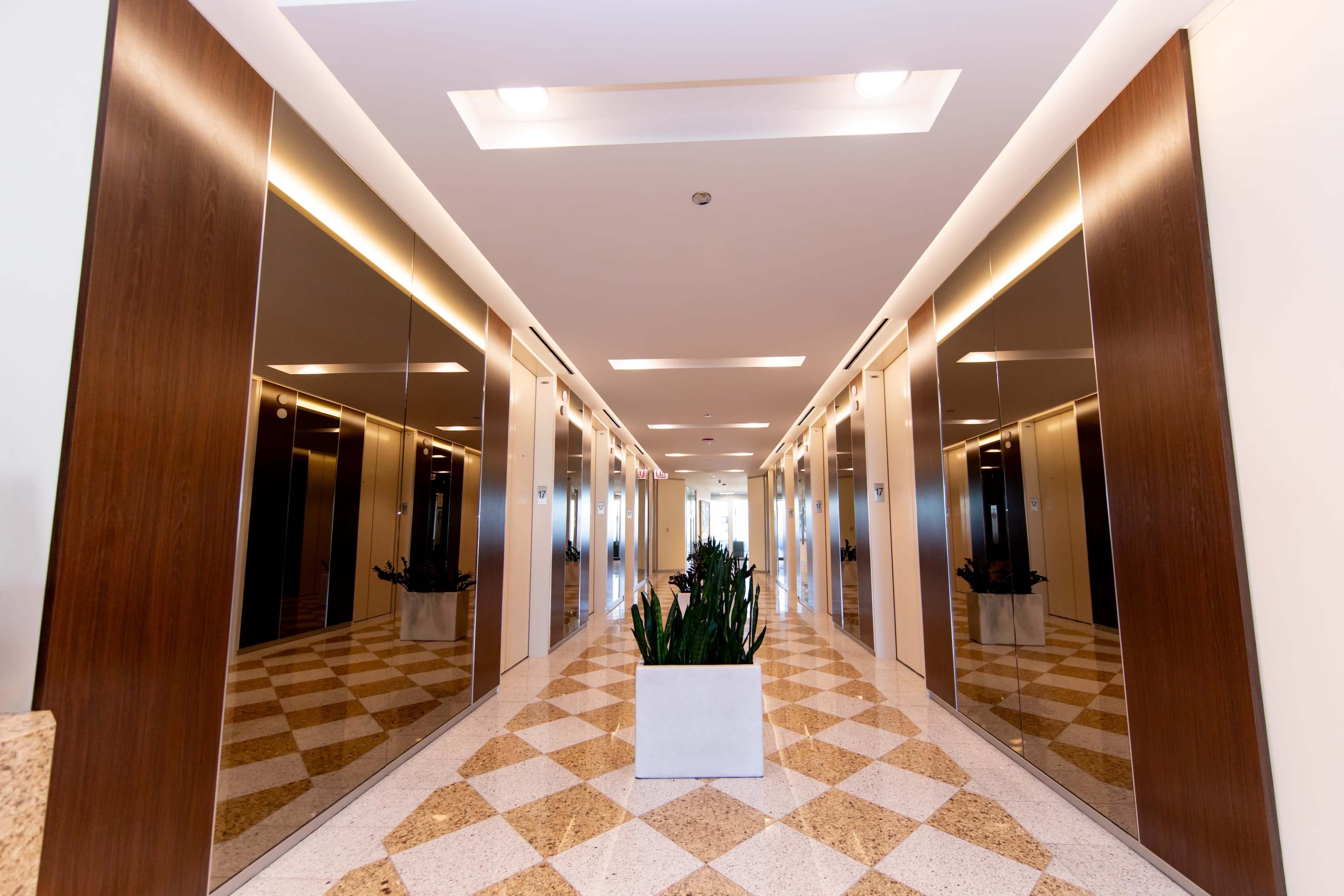 The image shows a corridor with mirrored elevator doors on either side, bordered by walls with decorative lighting and a potted plant in the center.