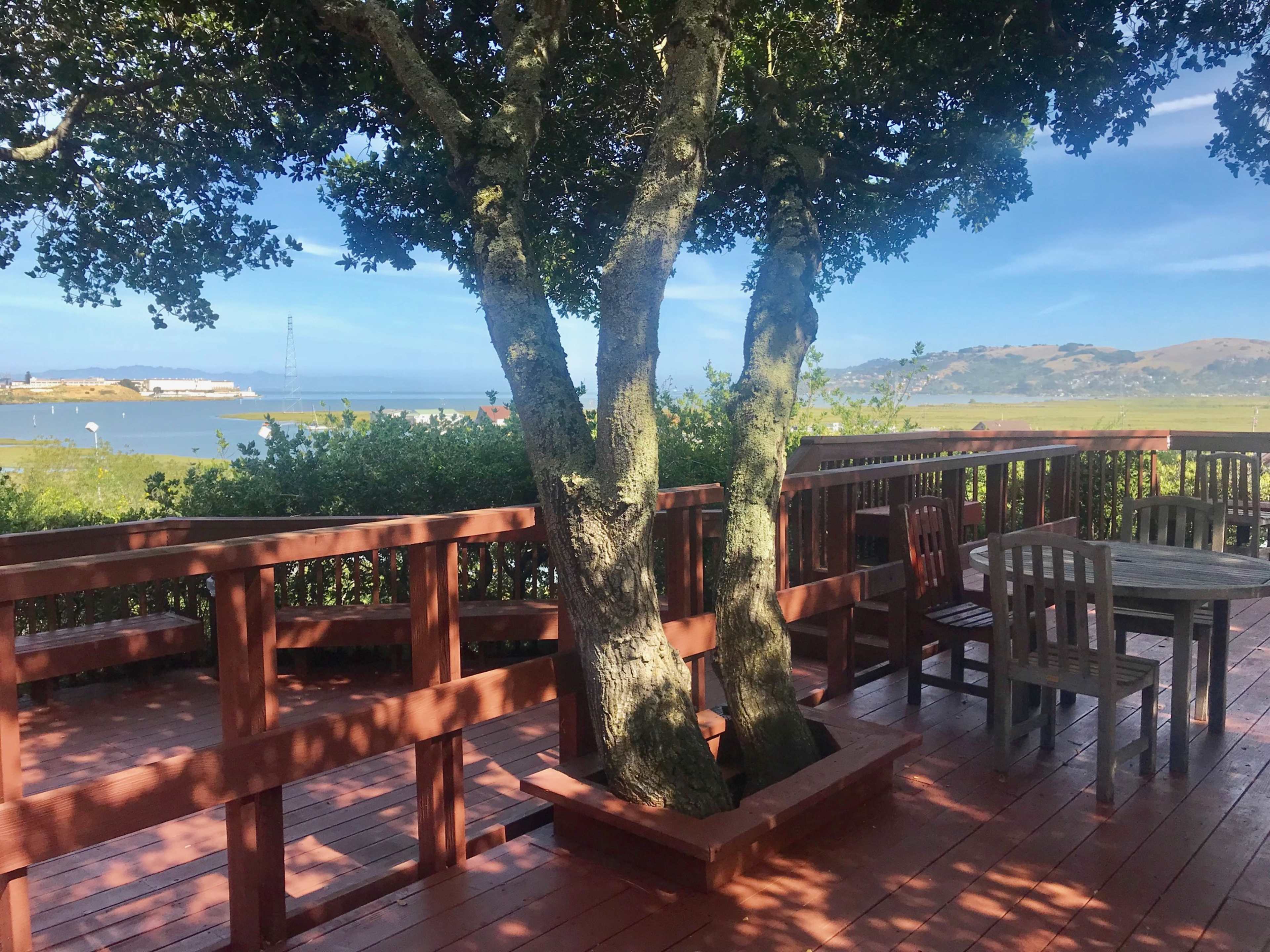 A wooden deck with a table and chairs surrounded by trees, overlooking a bay with hills in the background.