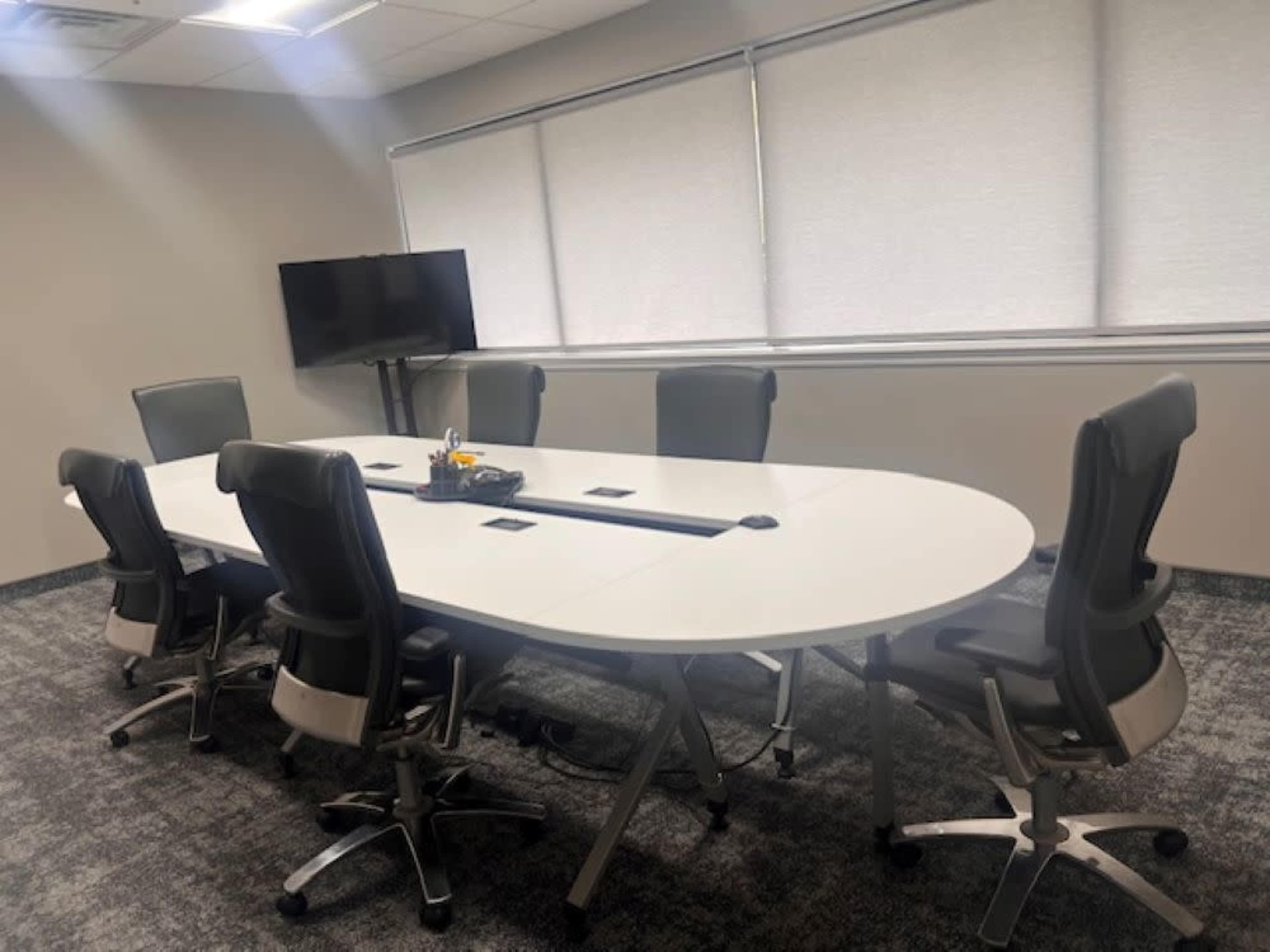 The image shows a modern conference room with a large oval table surrounded by ergonomic chairs and a wall-mounted television.