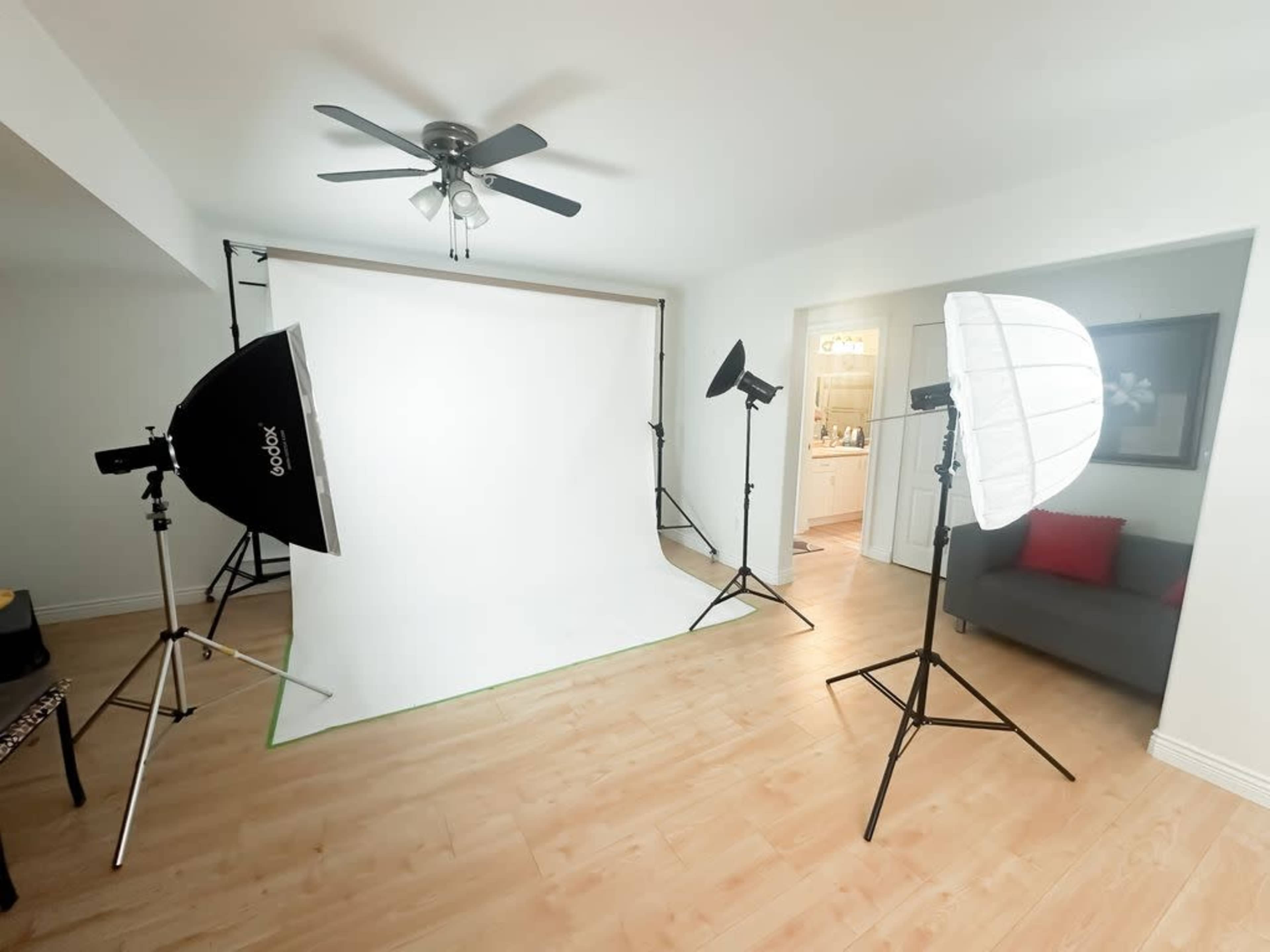 The image shows a photography studio setup featuring a white backdrop, multiple lighting softboxes, and a gray sofa in a well-lit room.