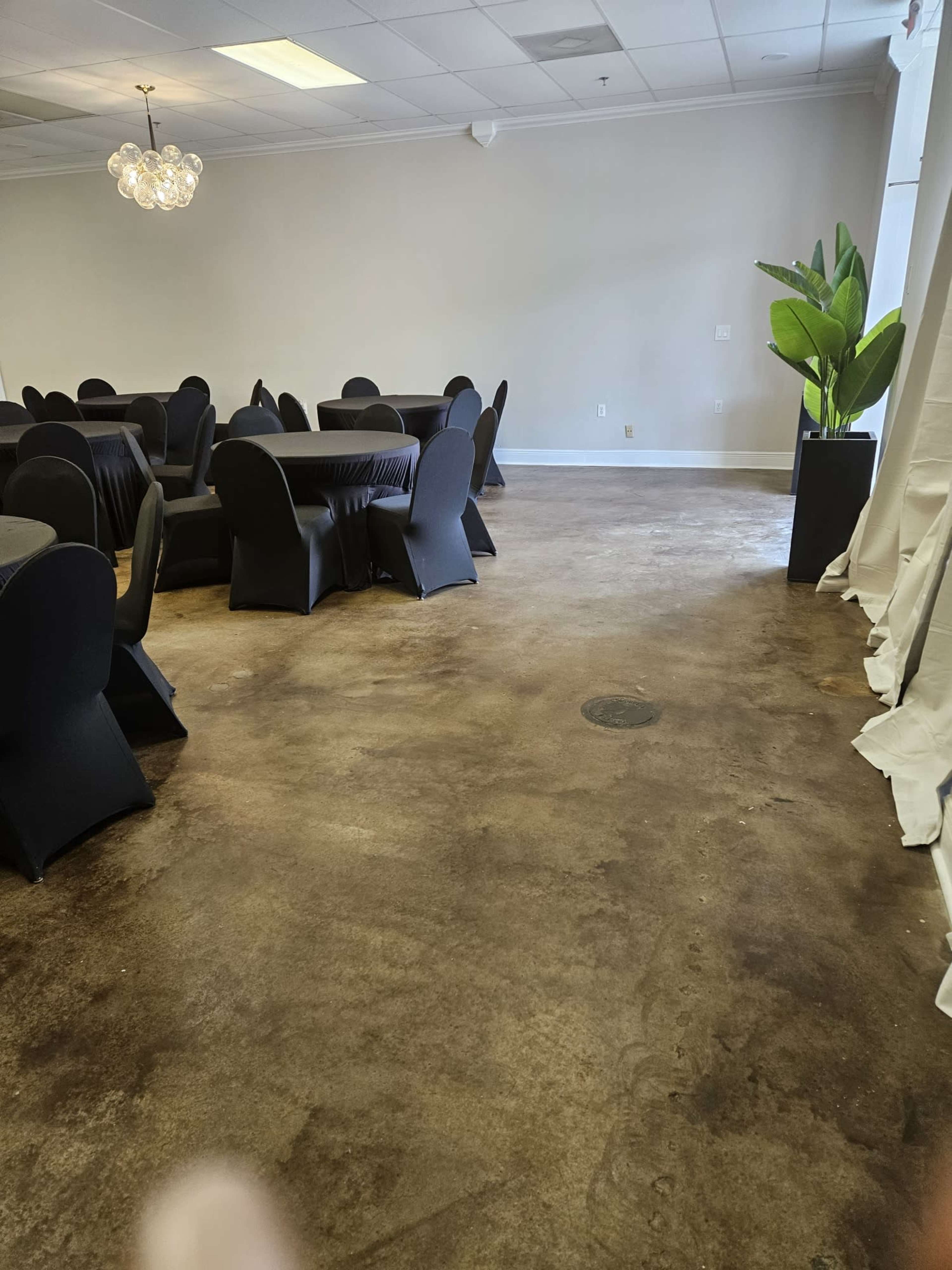 The image shows a spacious room with several round tables covered in black tablecloths, surrounded by dining chairs, and featuring a potted plant in the corner.