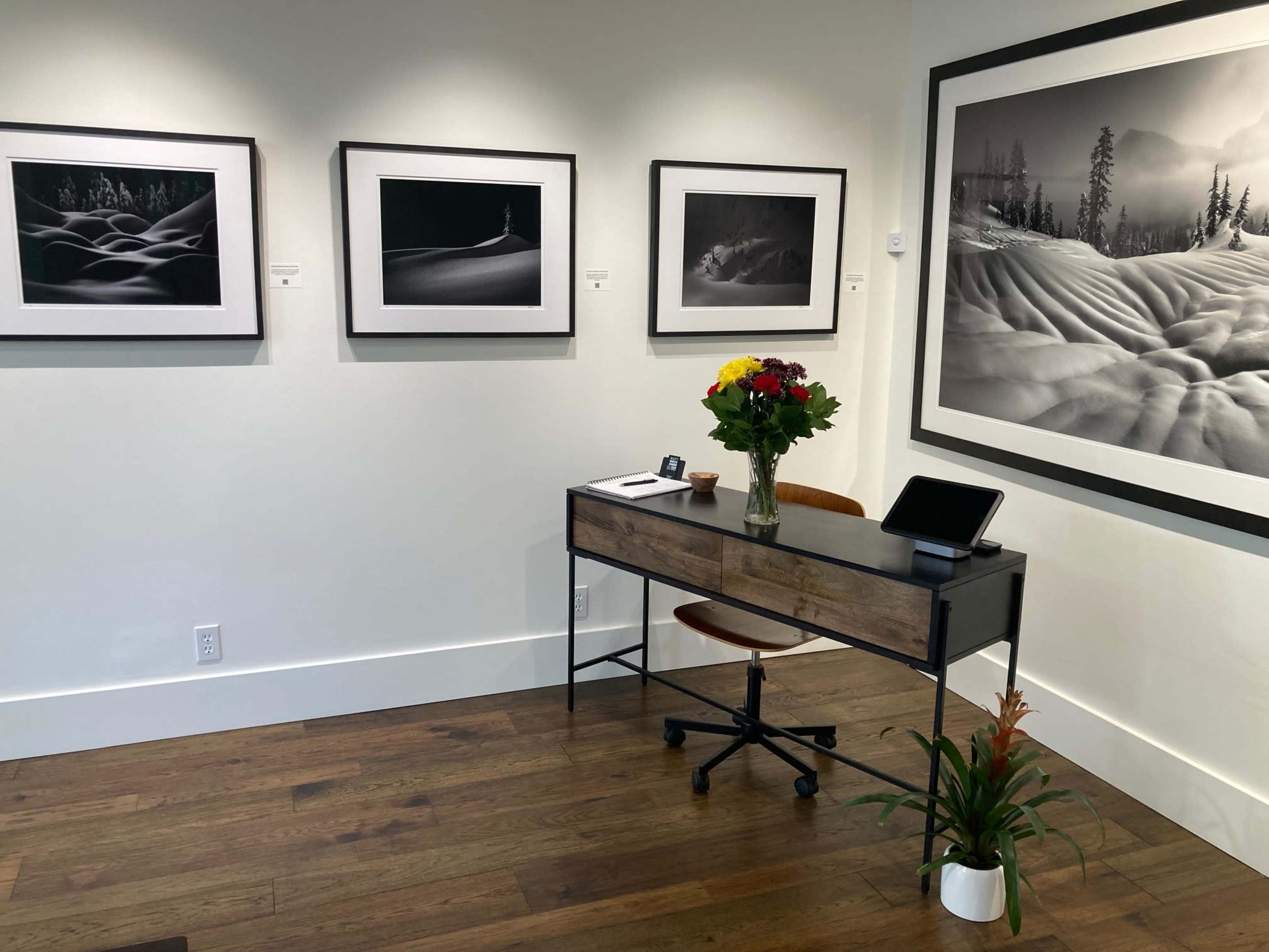 A modern art gallery featuring several black-and-white photographs on the walls, a wooden desk with a potted plant and a vase of flowers in the corner.