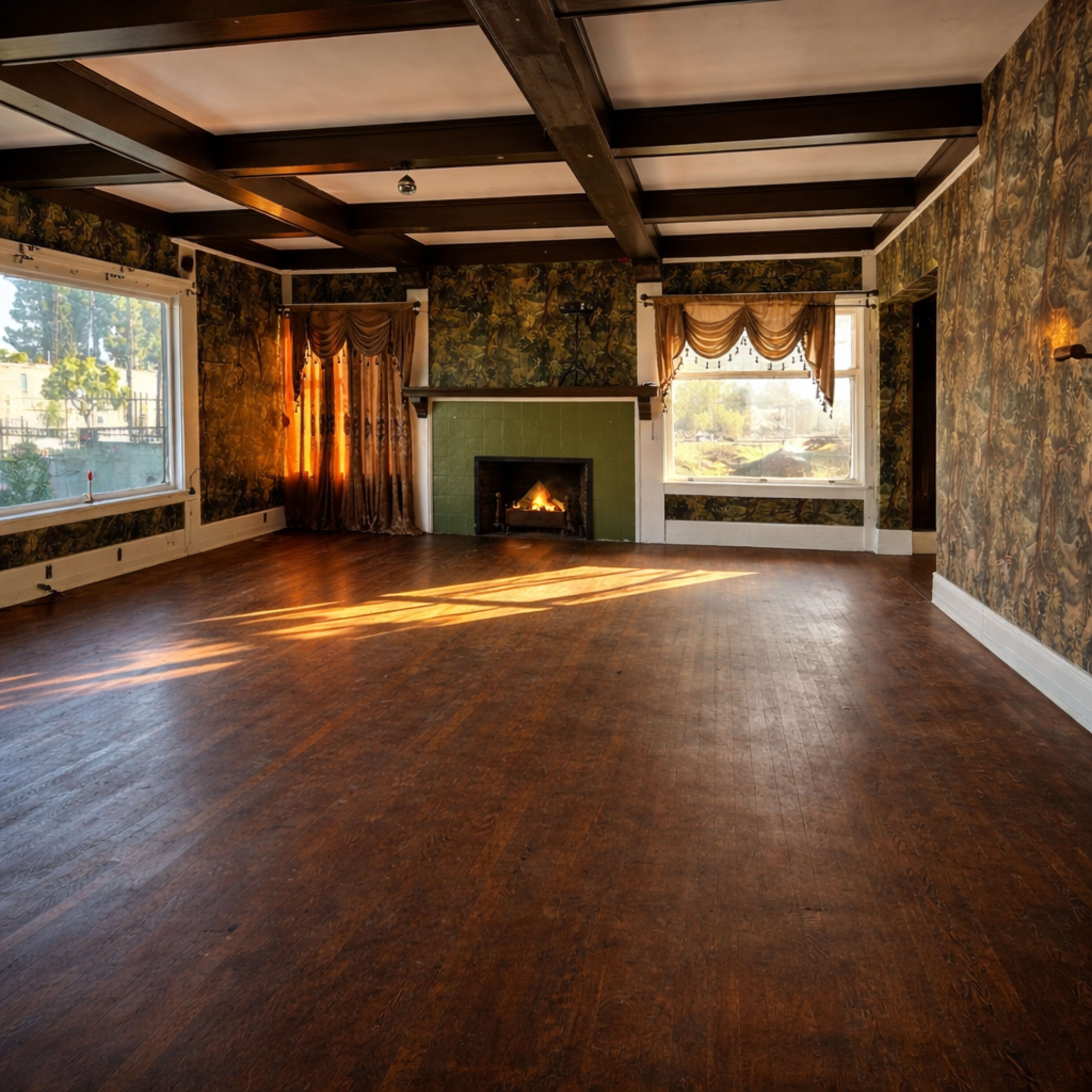 The room features wood-beamed ceilings, floral wallpaper, and a fireplace, with large windows allowing natural light to enter.