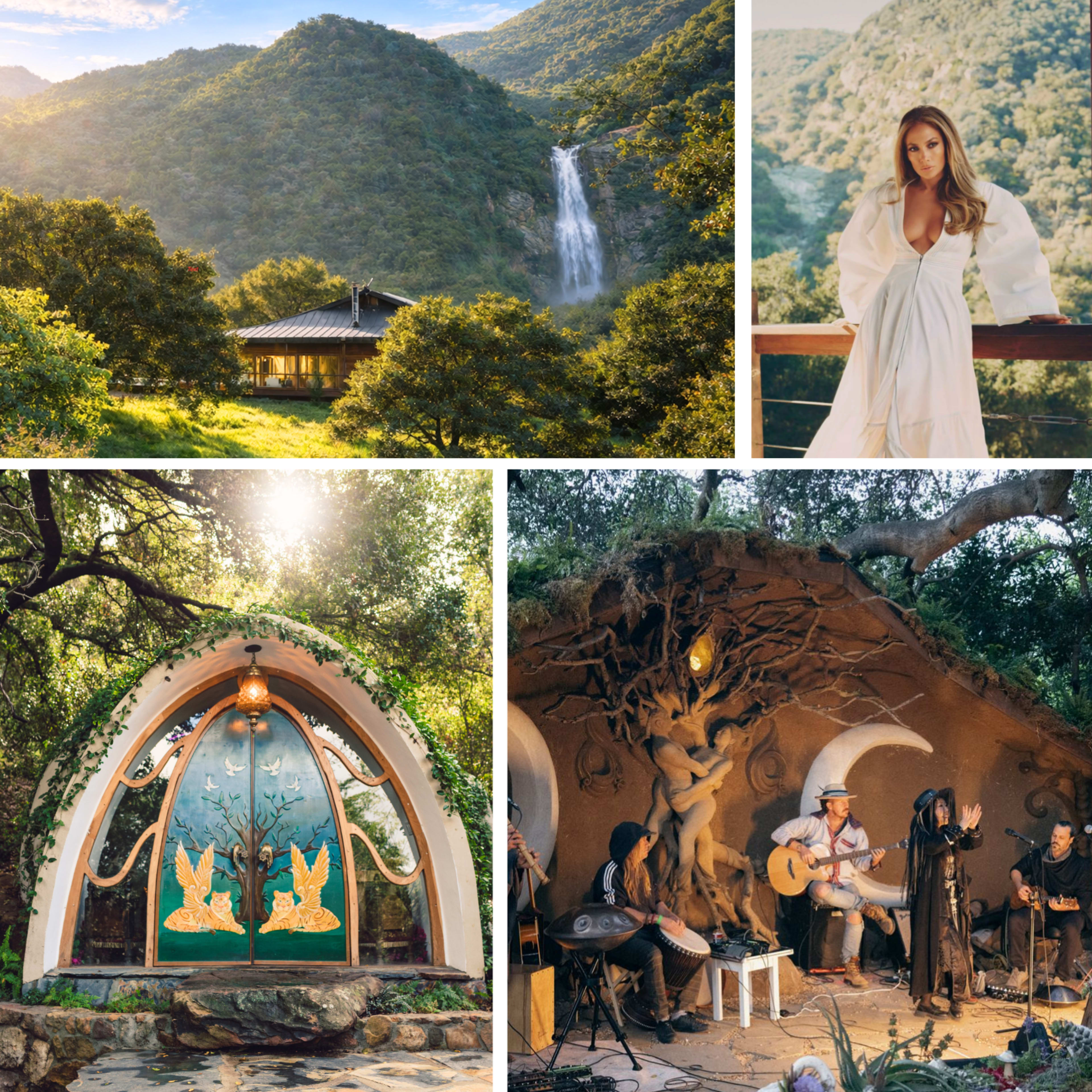 The image collage features a scenic landscape with mountains and a waterfall, a woman in a white dress, a decorative entrance to a building, and a musical performance taking place outdoors.