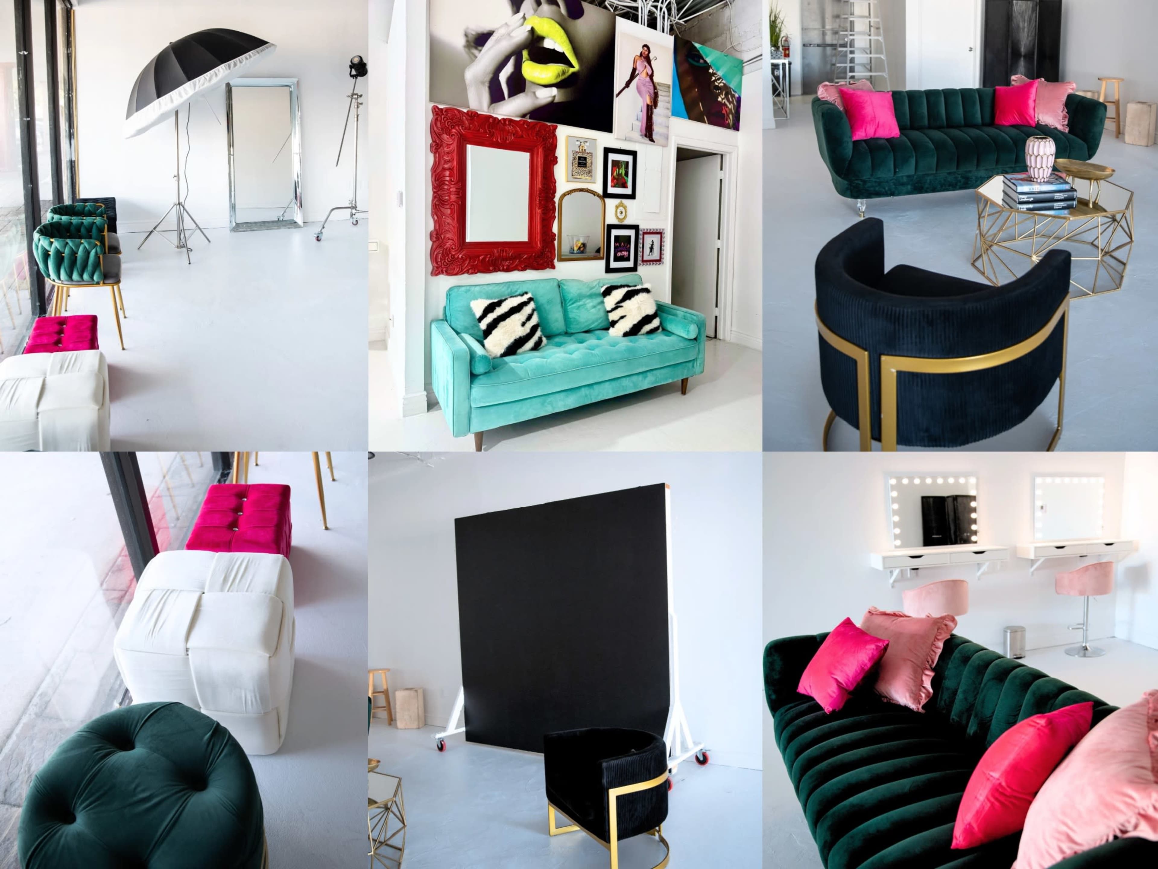 The image showcases a stylish studio interior featuring various seating arrangements, a backdrop for photography, and decorative elements.