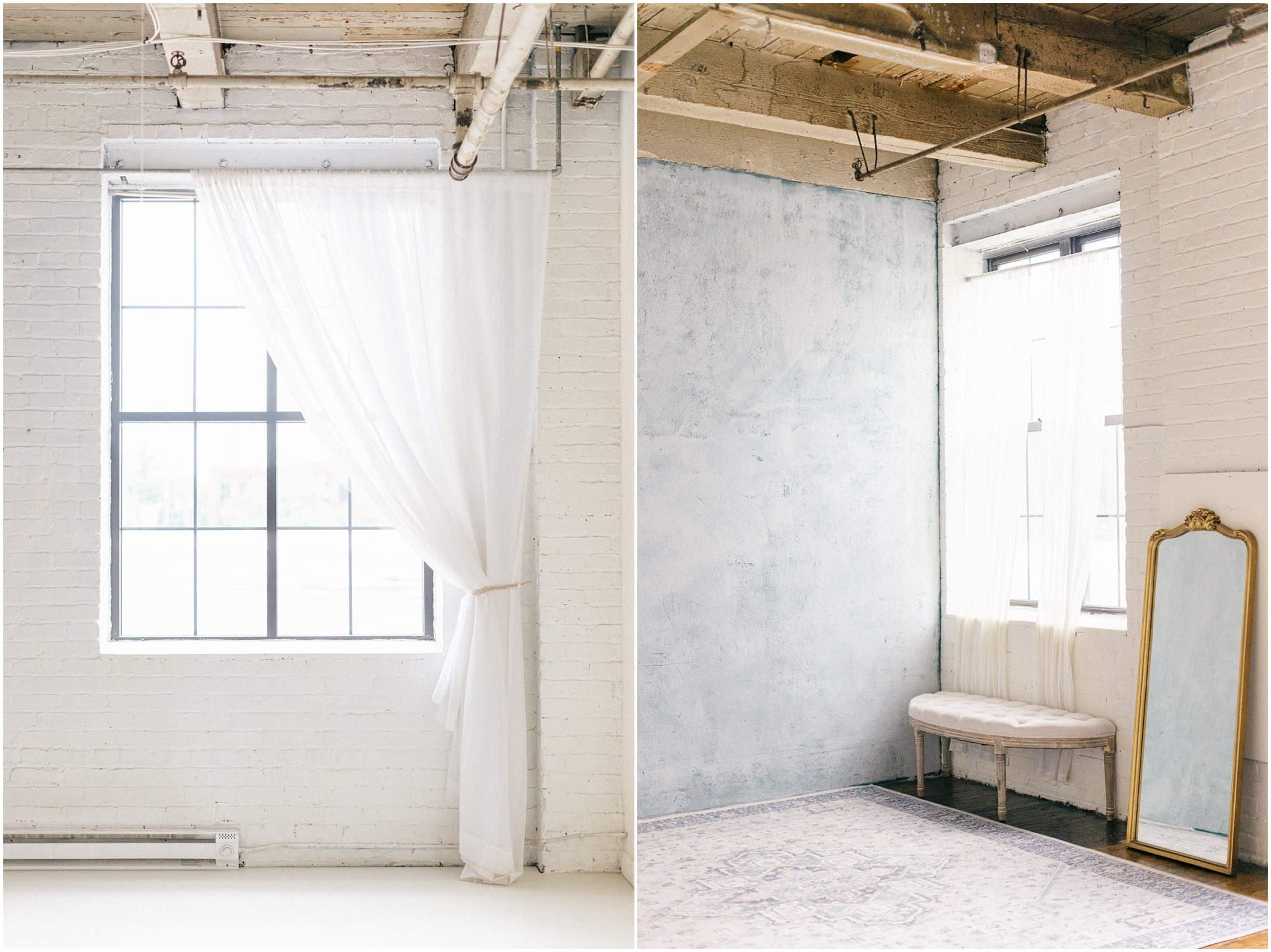 The image shows two contrasting interior spaces featuring a large window with sheer curtains and a plain wall with a mirror and a bench.