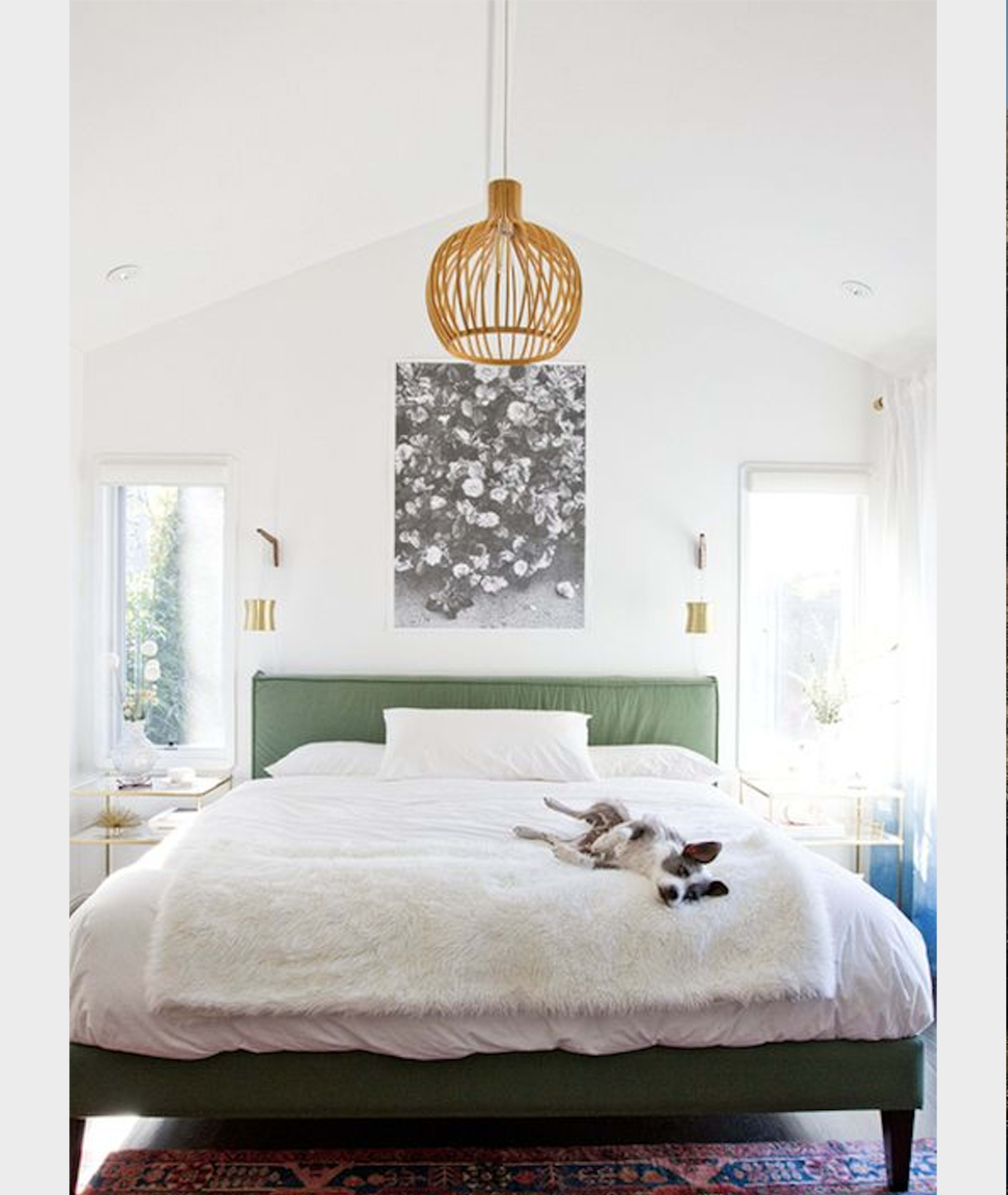 A spacious bedroom features a green upholstered bed with a white blanket and a pendant light, while a small dog lies relaxed on the bed.