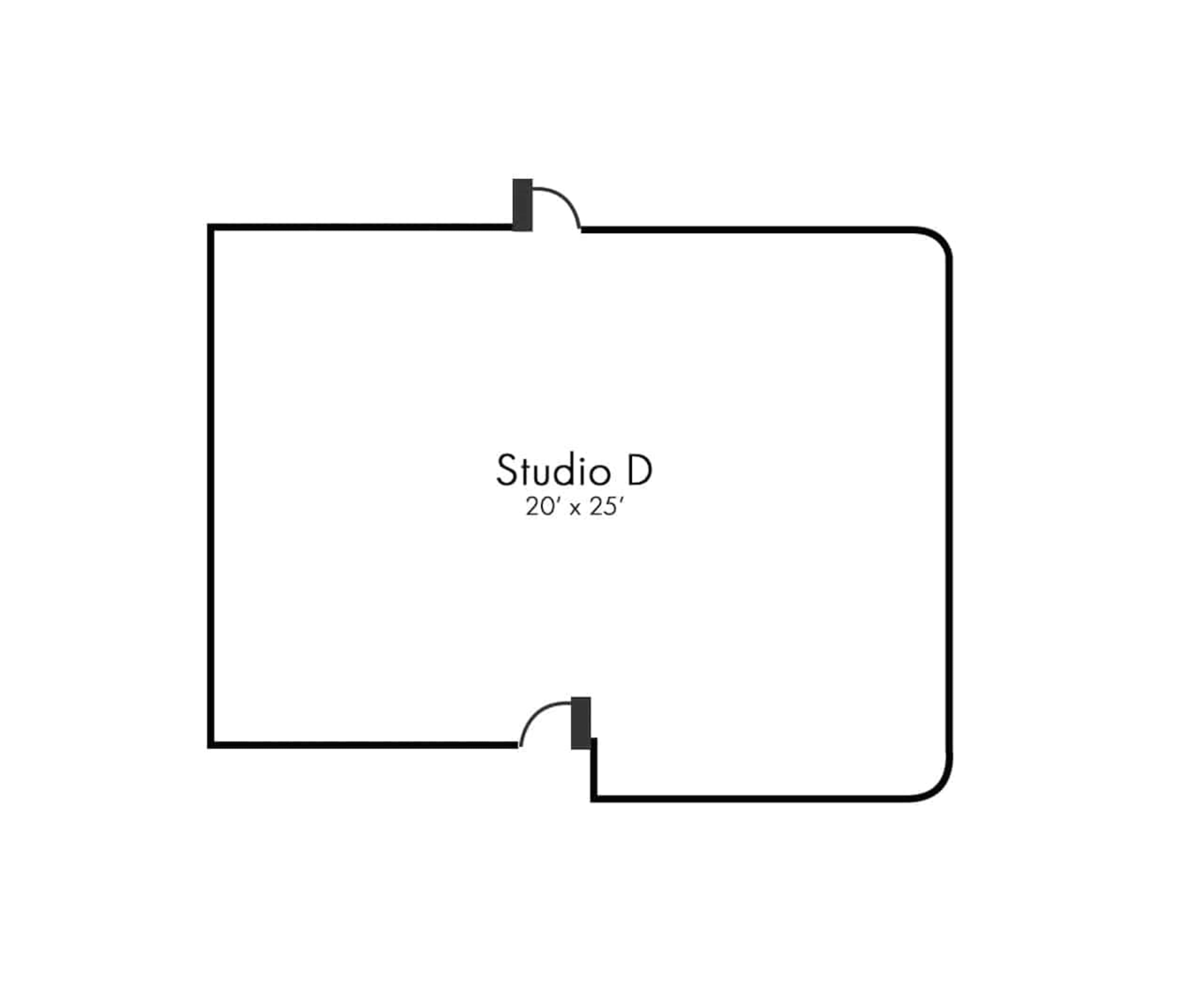 A floor plan for "Studio D," measuring 20 feet by 25 feet, featuring a distinct shape with two interior cutouts.