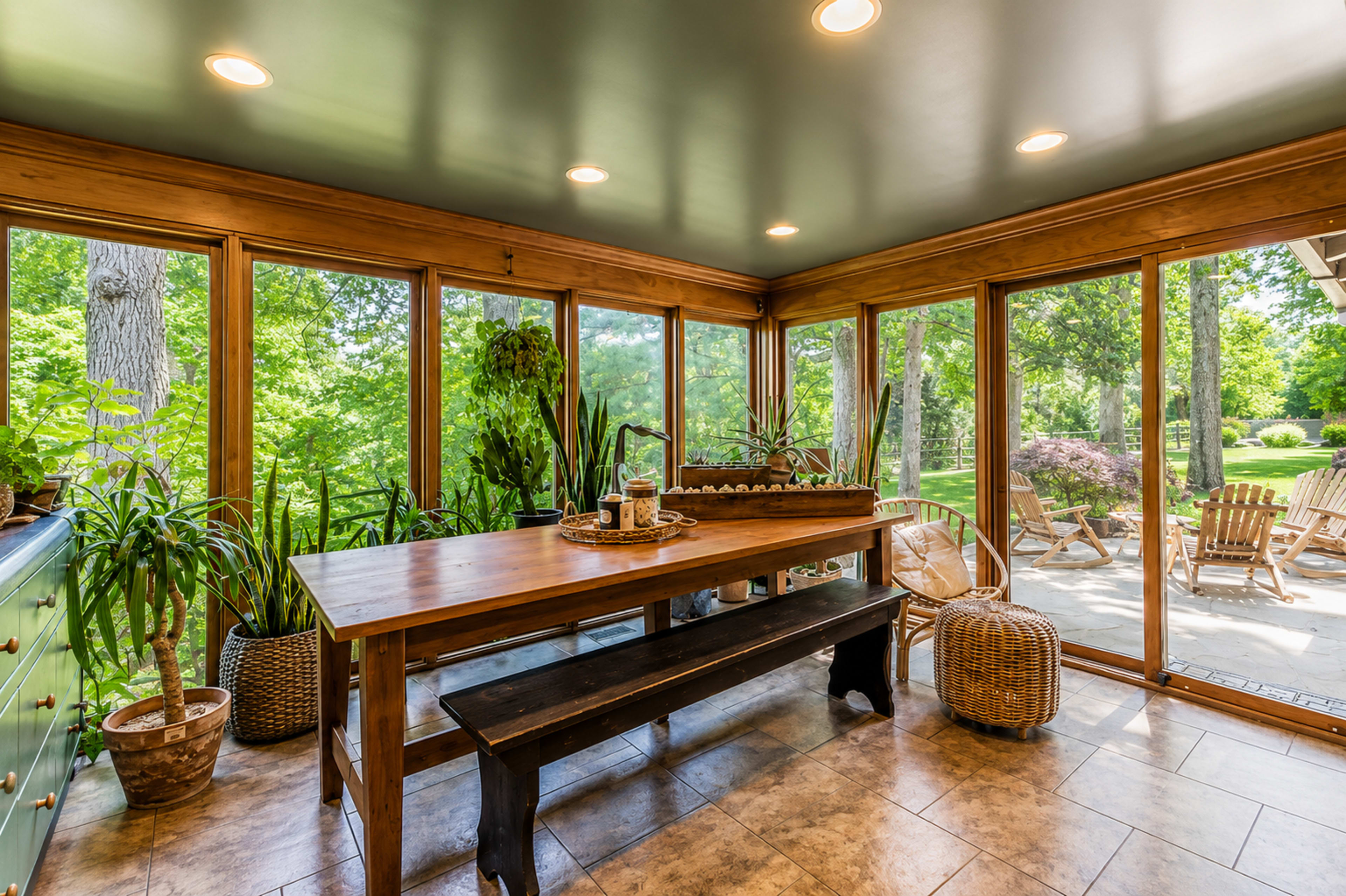 A spacious sunroom features a large wooden table and bench, surrounded by various potted plants and large windows that offer views of a green outdoor landscape.