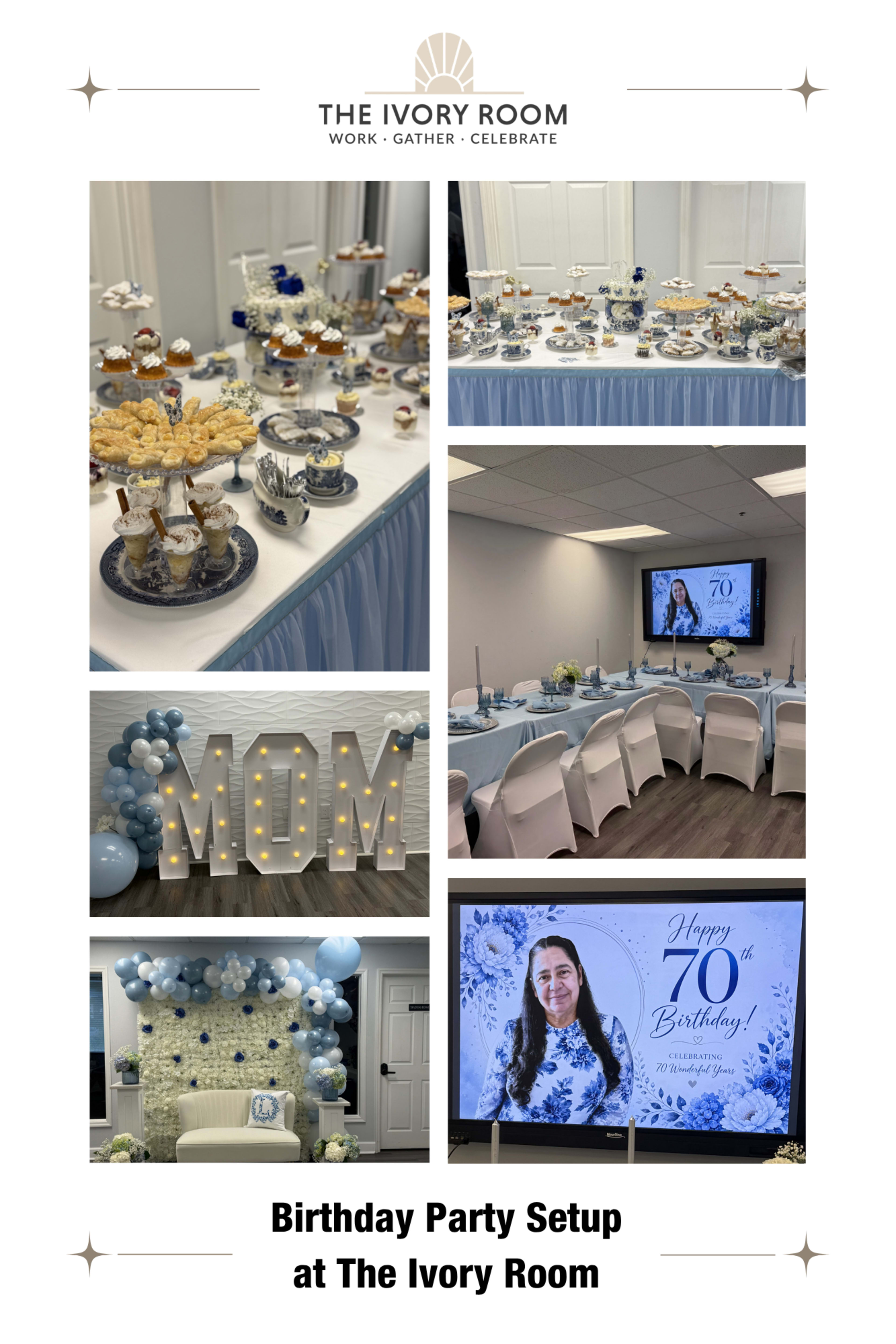 The image displays a birthday party setup at The Ivory Room, featuring a decorated table with desserts, a seating area with a balloon arch, and a large screen displaying a birthday message.