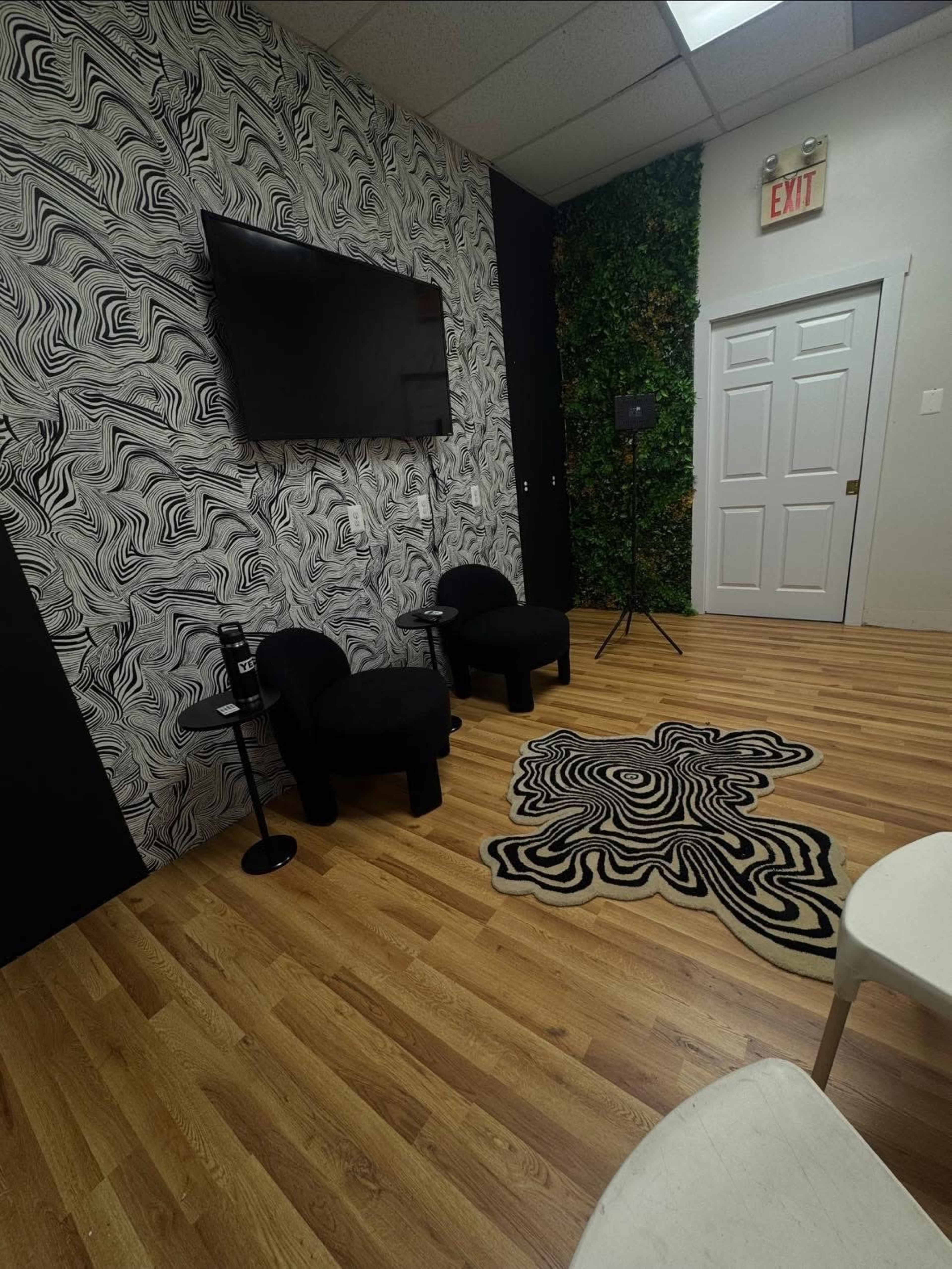 The image depicts a modern room featuring a patterned wall, a television mounted on one wall, two black chairs, a small table, and a decorative rug on the wooden floor, with a plant-covered wall in the background.