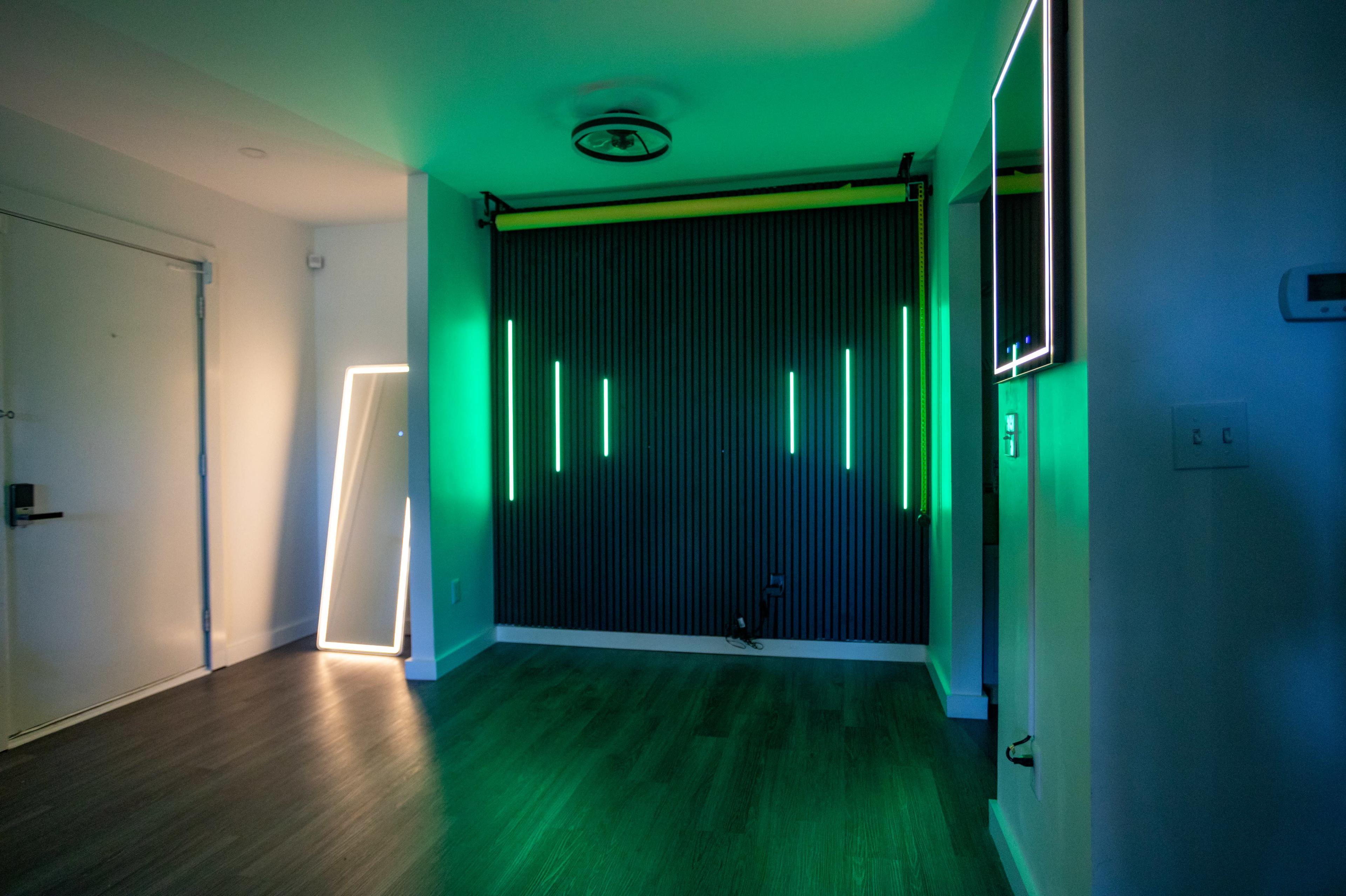 The image shows a modern interior space with a dark wall featuring vertical green light strips, a large mirror, and an entrance door visible in the foreground.