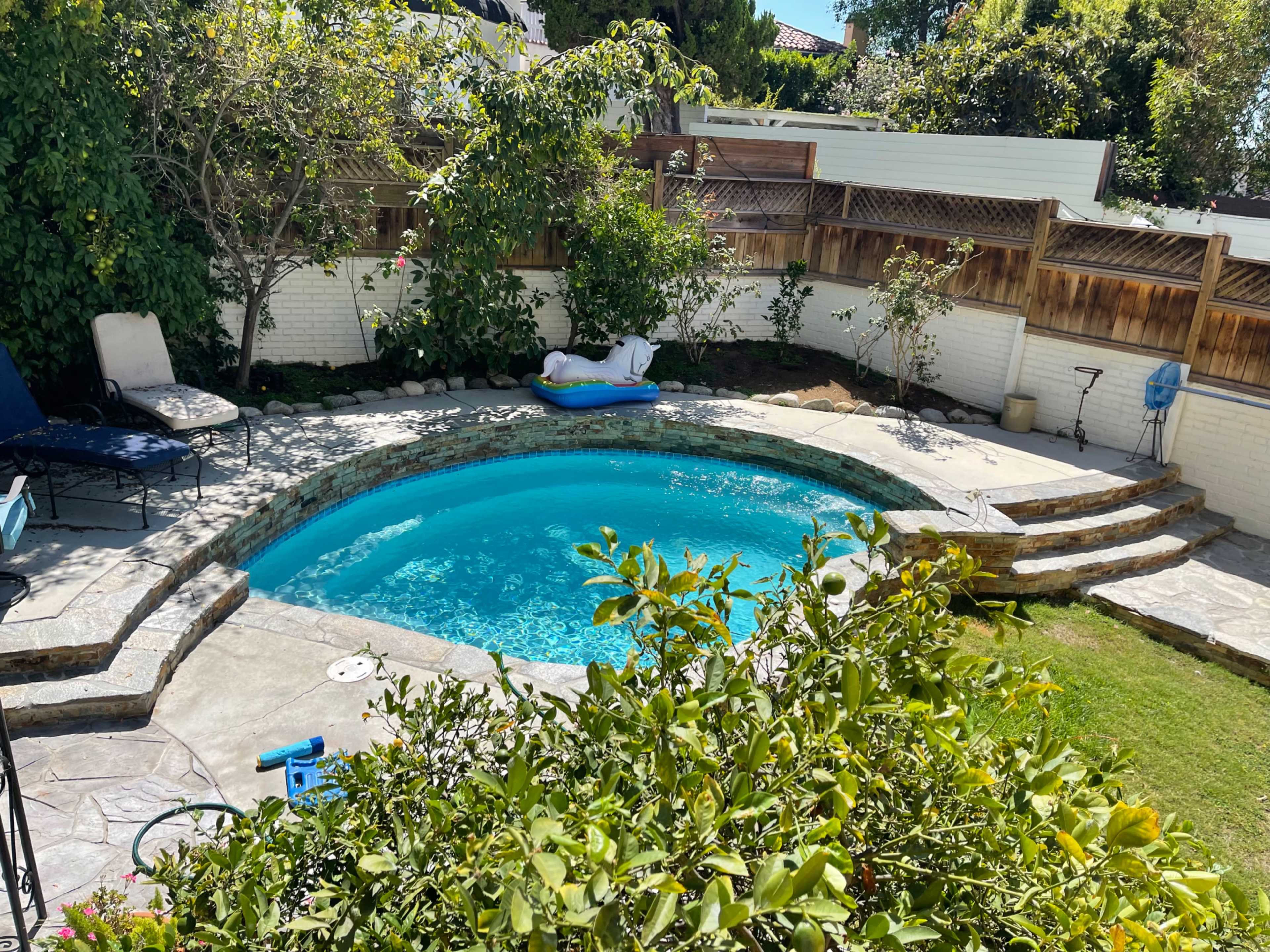 A backyard features a circular pool surrounded by stone coping, a lounging chair, and landscaped greenery.