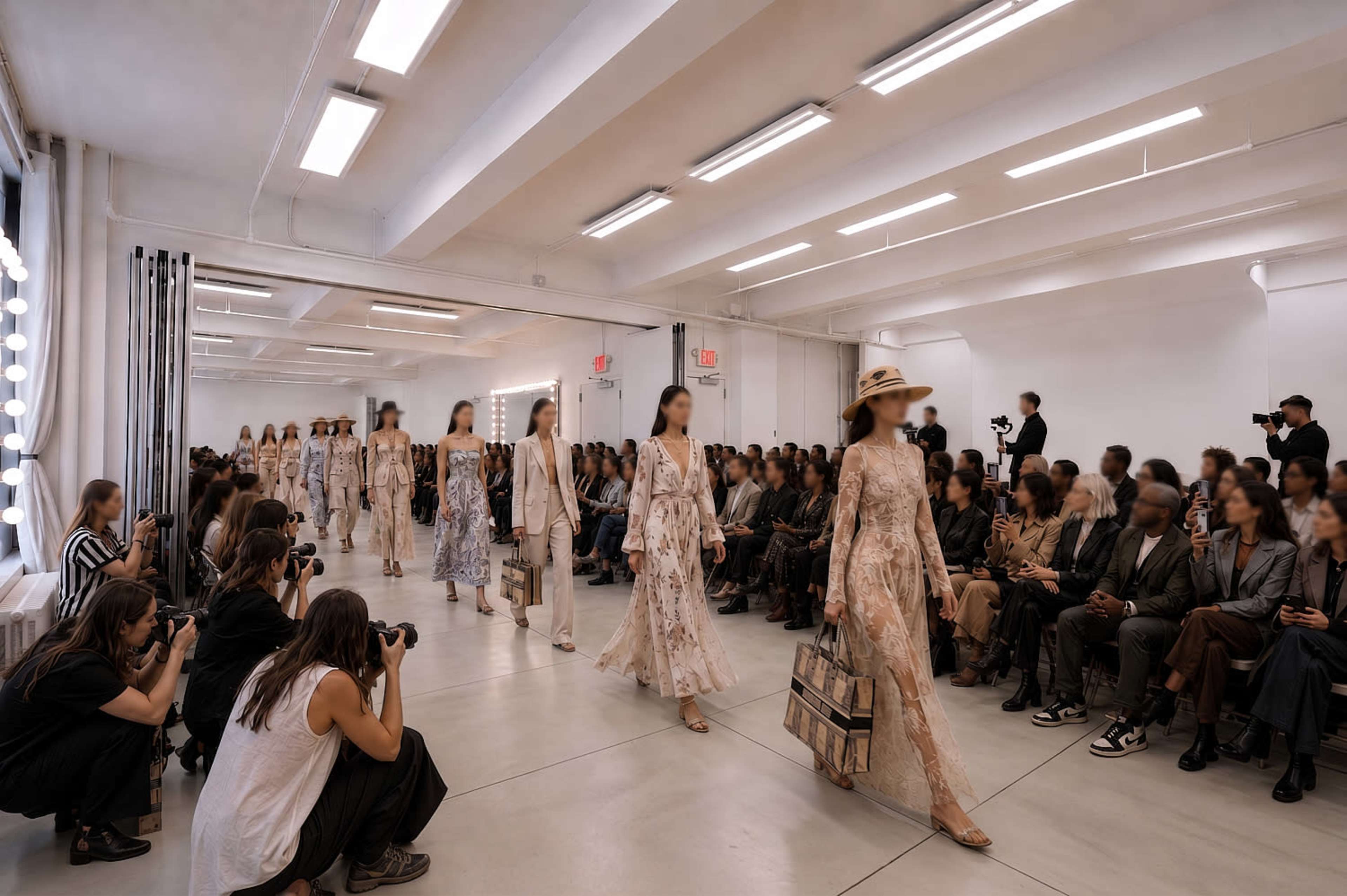 Models walk down a runway showcasing fashion designs while photographers capture the event in front of an audience seated in a brightly lit space.