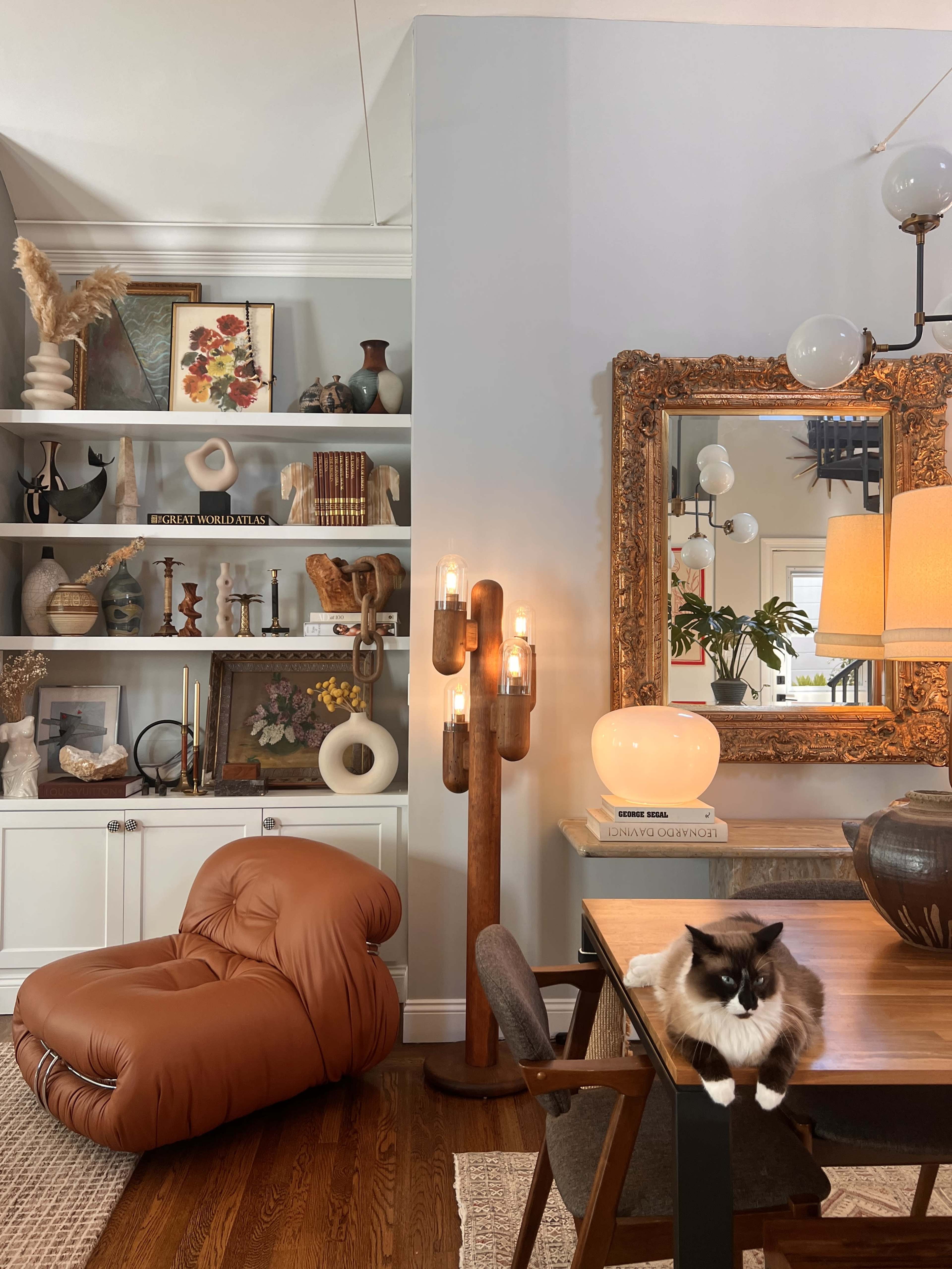 A cozy living room with a brown sculptural chair, an ornate mirror, a modern floor lamp, a wooden dining table, and a cat resting on the table, alongside decorative shelves filled with various items.