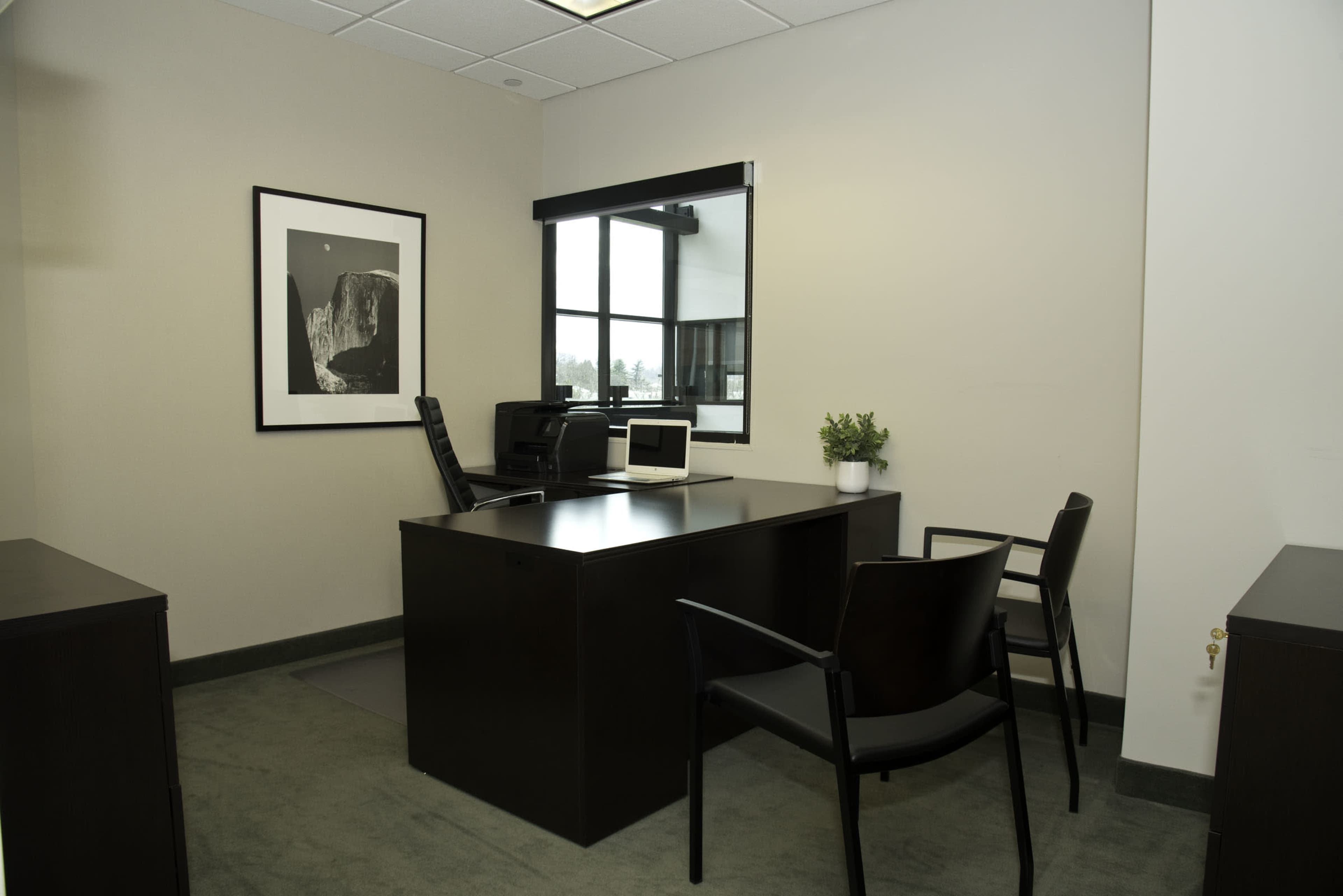 A minimalist office with a black desk, two chairs, a printer, and a window overlooking an outdoor view.
