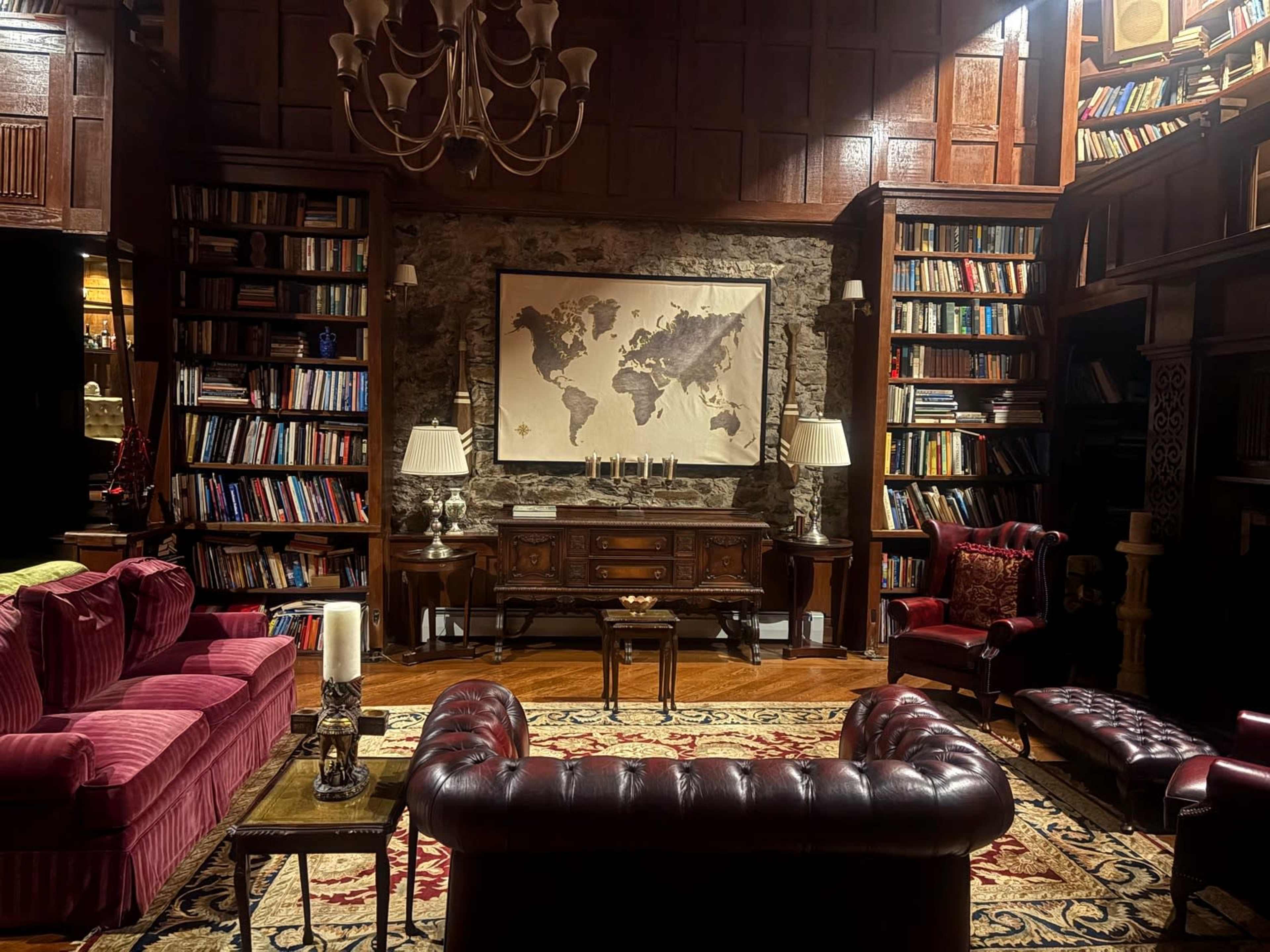 150-Year-Old Private Library & Study Hall — Tudor Woodwork, Stone Walls, Velvet Stage Curtains, 20-ft vaulted Ceilings Image in Mount Pleasant, Chappaqua, NY