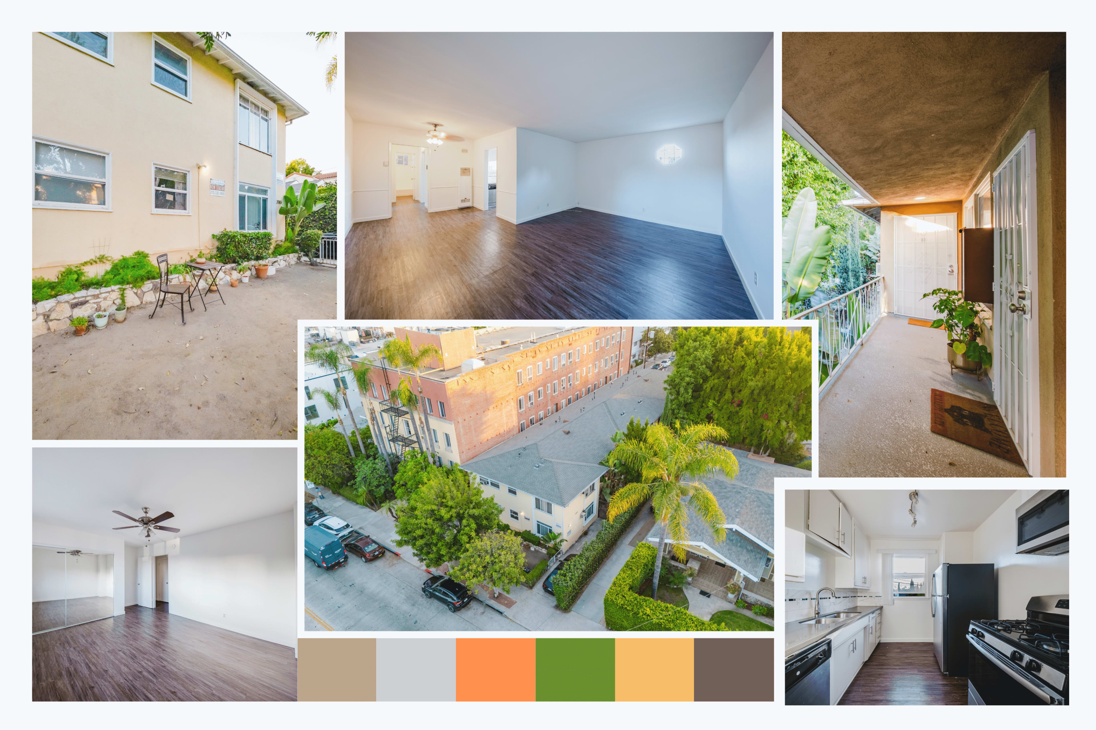 The image collage showcases different areas of a multi-unit residential property, including a living area, kitchen, outdoor spaces, and aerial views of the surrounding area.