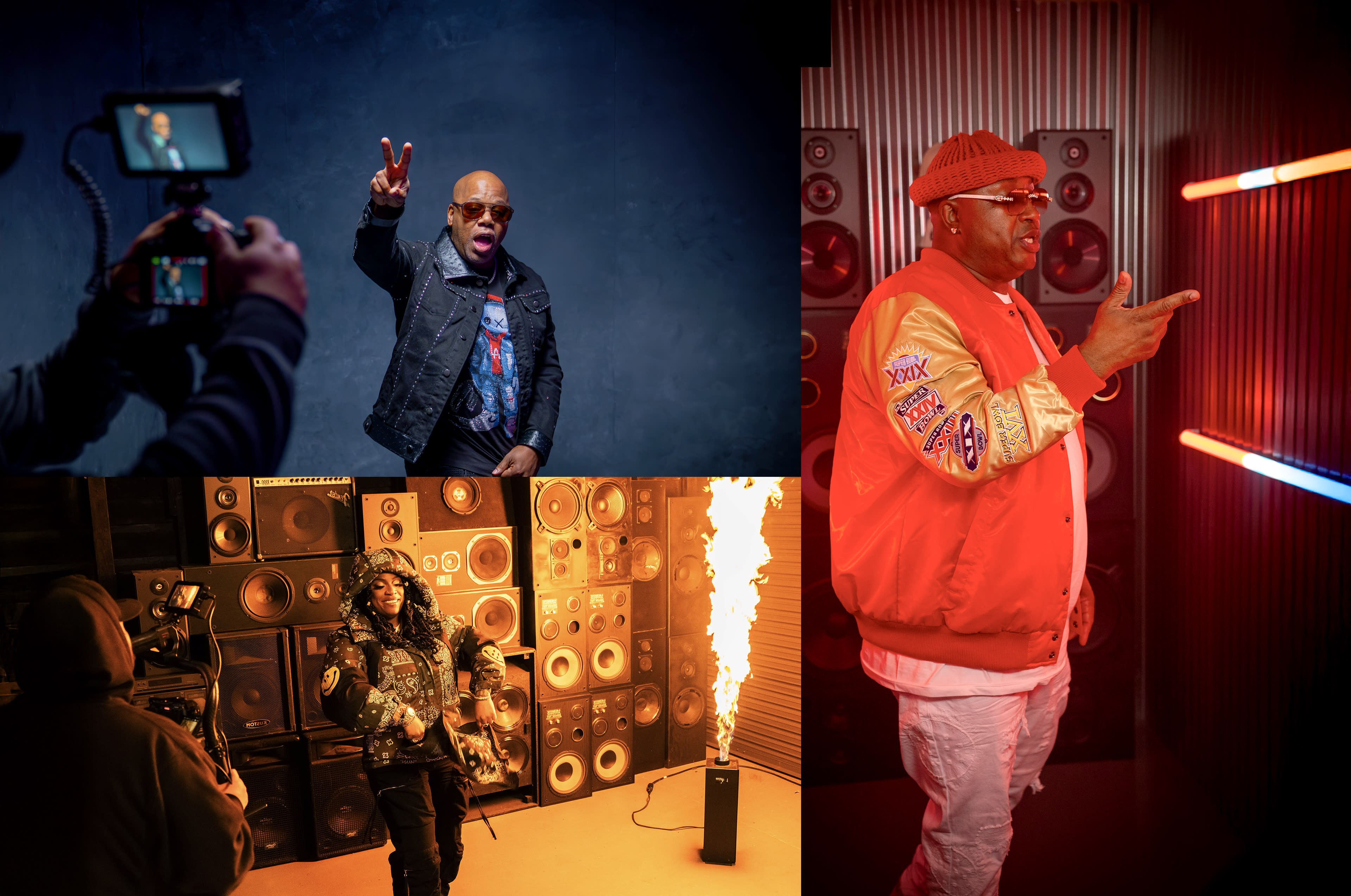 The image features a montage of three scenes with performers in a studio setting, showcasing one person gesturing peace signs, another walking past speaker stacks, and a third posing in front of colorful, lit backgrounds.