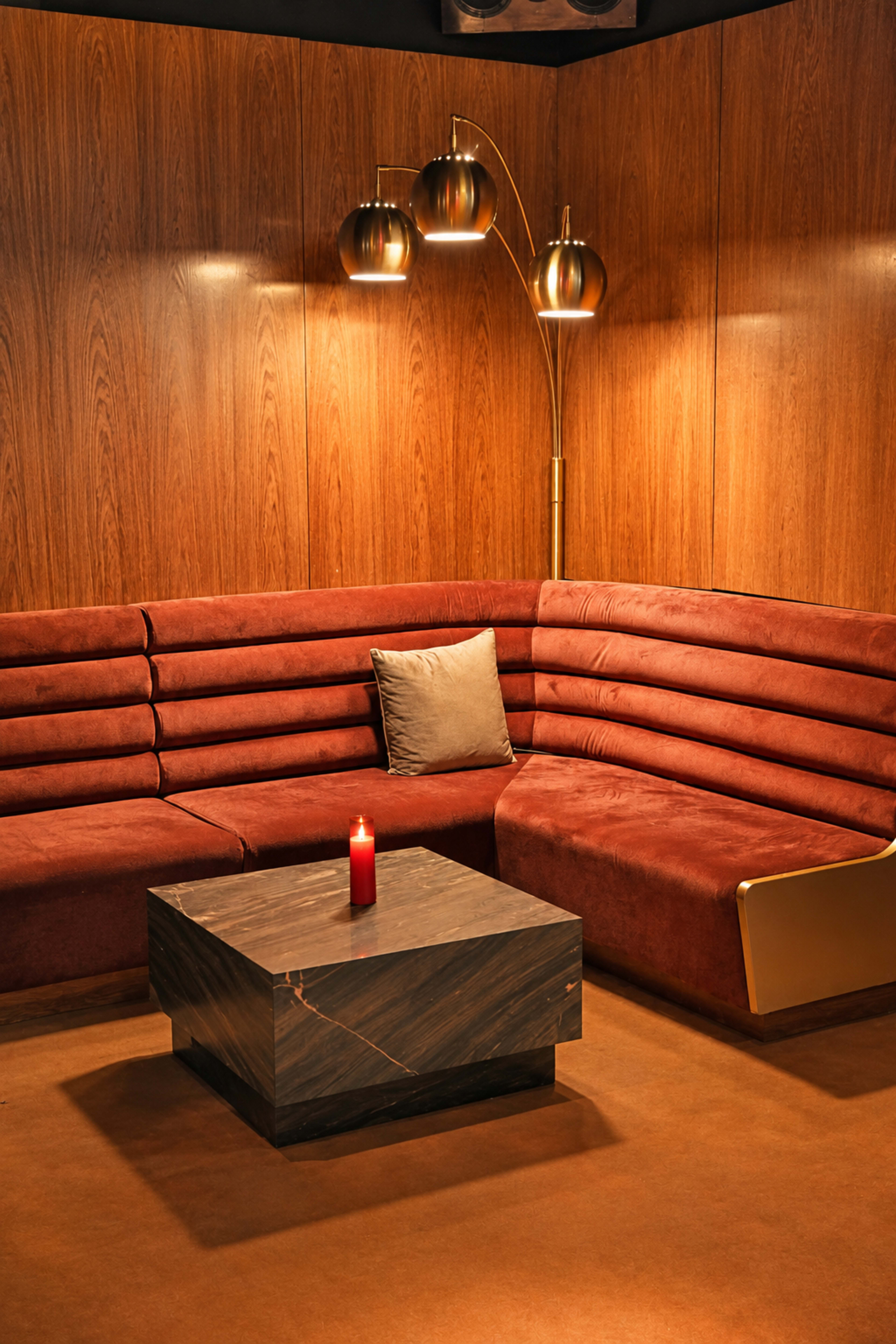 The image depicts a cozy lounge area featuring a red upholstered sectional sofa, a dark marble coffee table, and a modern floor lamp, all set against a wooden paneled wall.