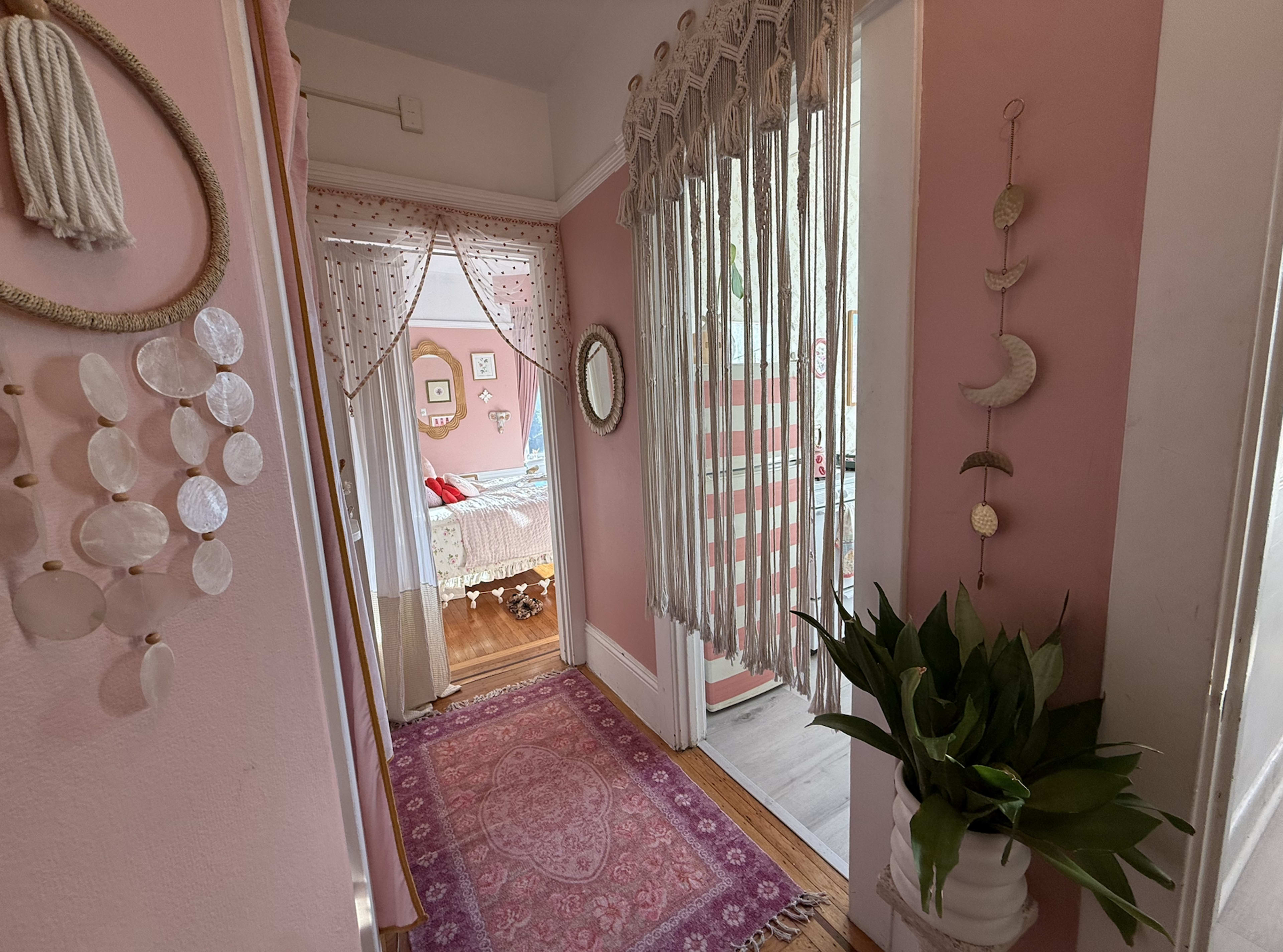 A hallway with pink walls features a decorative curtain, a mirror, and a plant near the entrance to a room in the background.