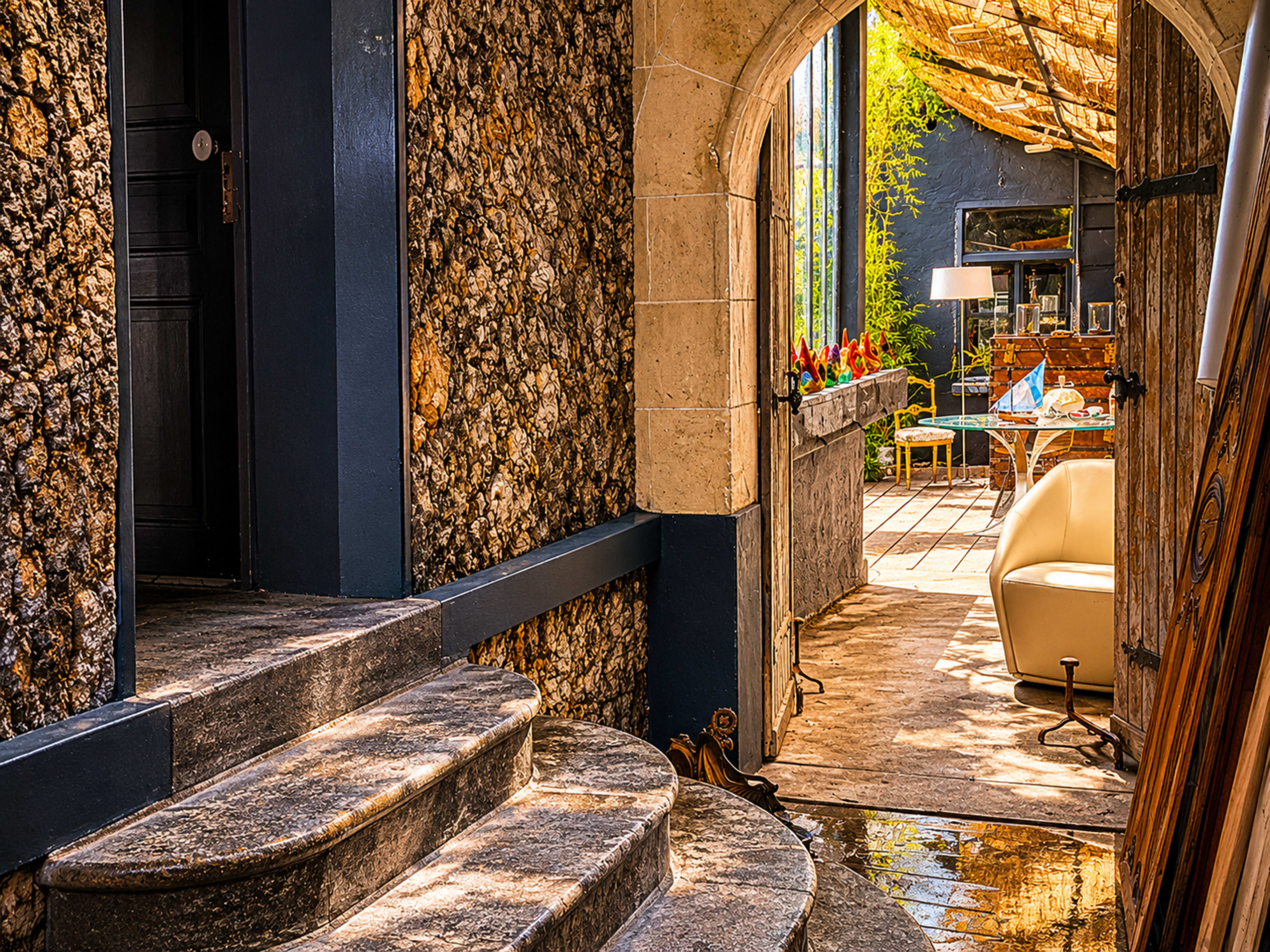 The image shows a stone pathway leading through an arched doorway into a well-lit, airy space with plants and furniture visible in the background.