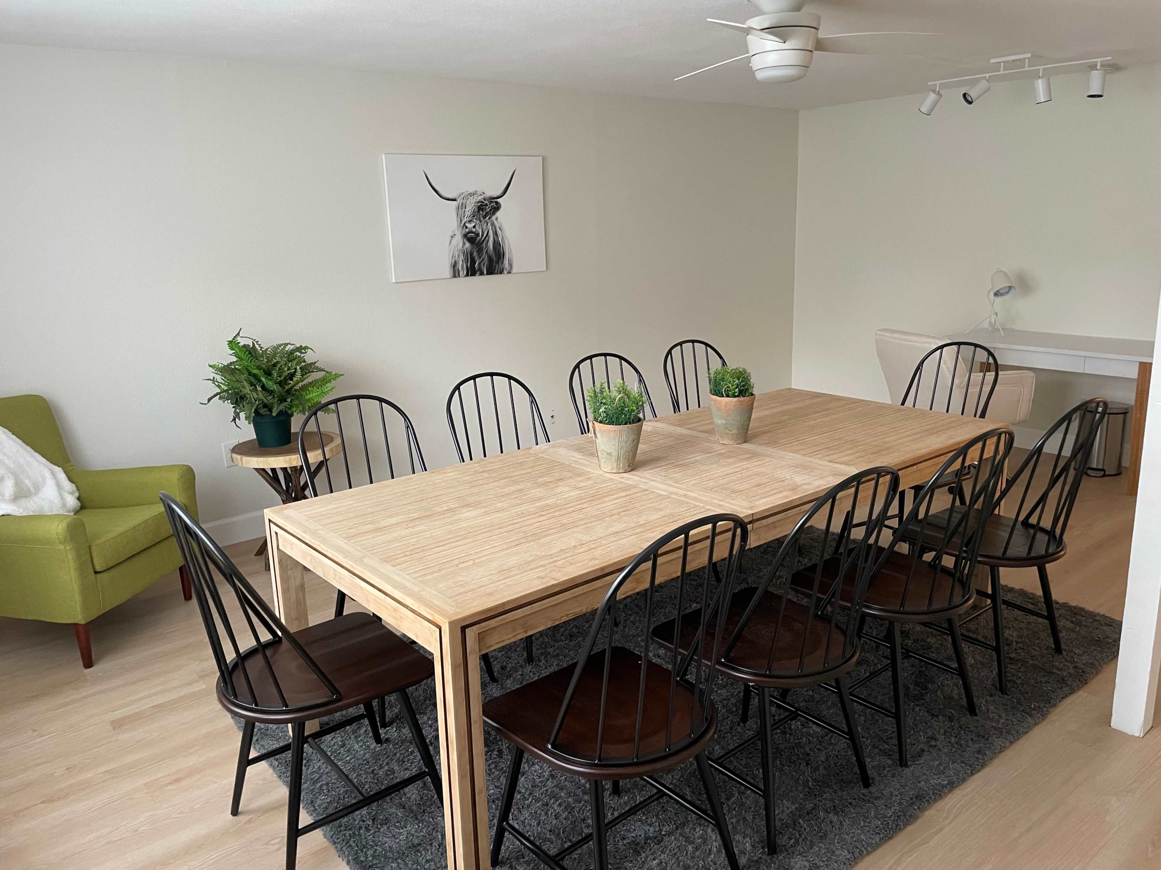A large wooden dining table with ten black chairs is set in a bright room, alongside a green armchair, a plant, and a wall art featuring a cow.