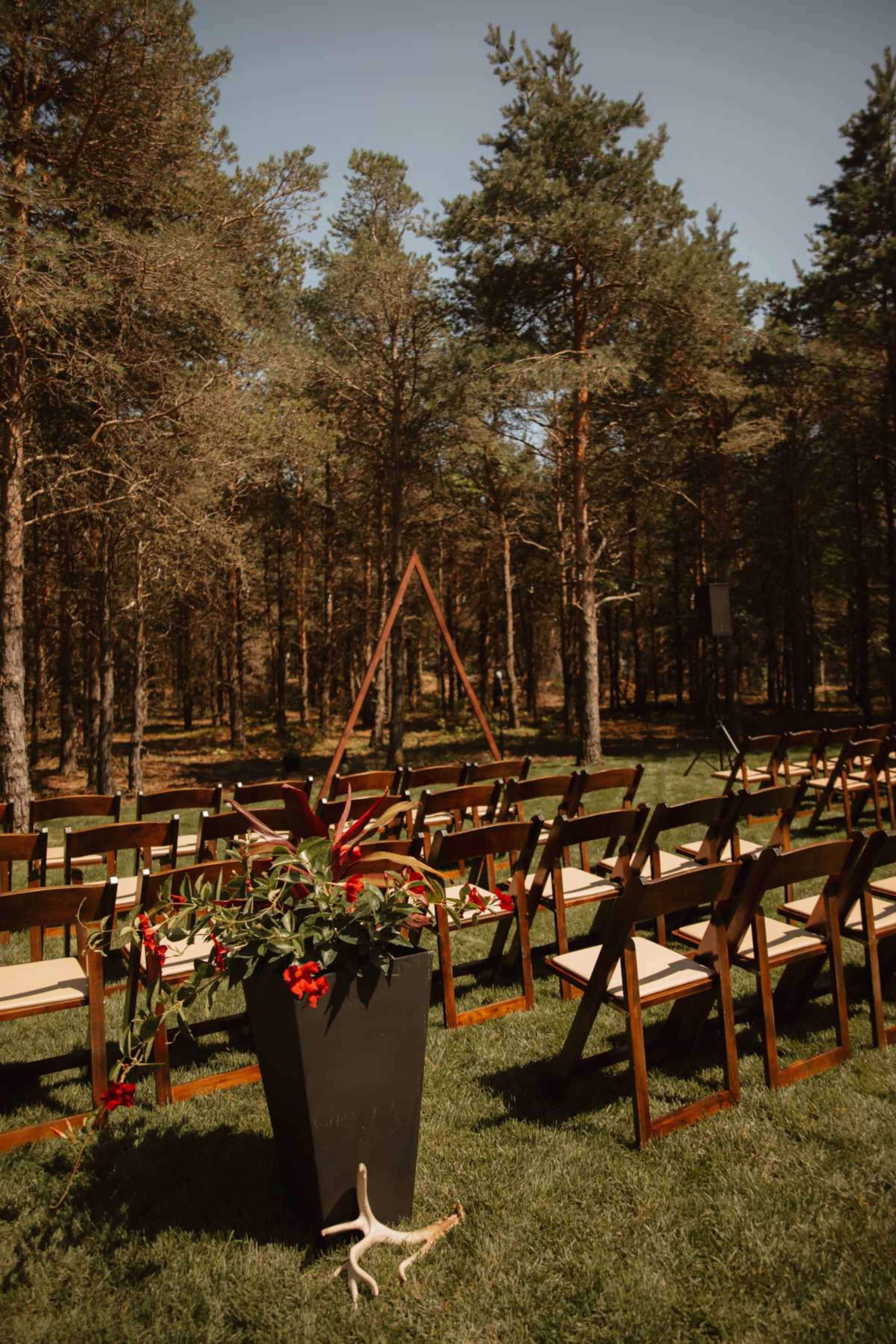 The image shows an outdoor wedding ceremony setup in a forest, featuring wooden chairs arranged in rows facing a decorative triangular structure and potted flowers in the foreground.