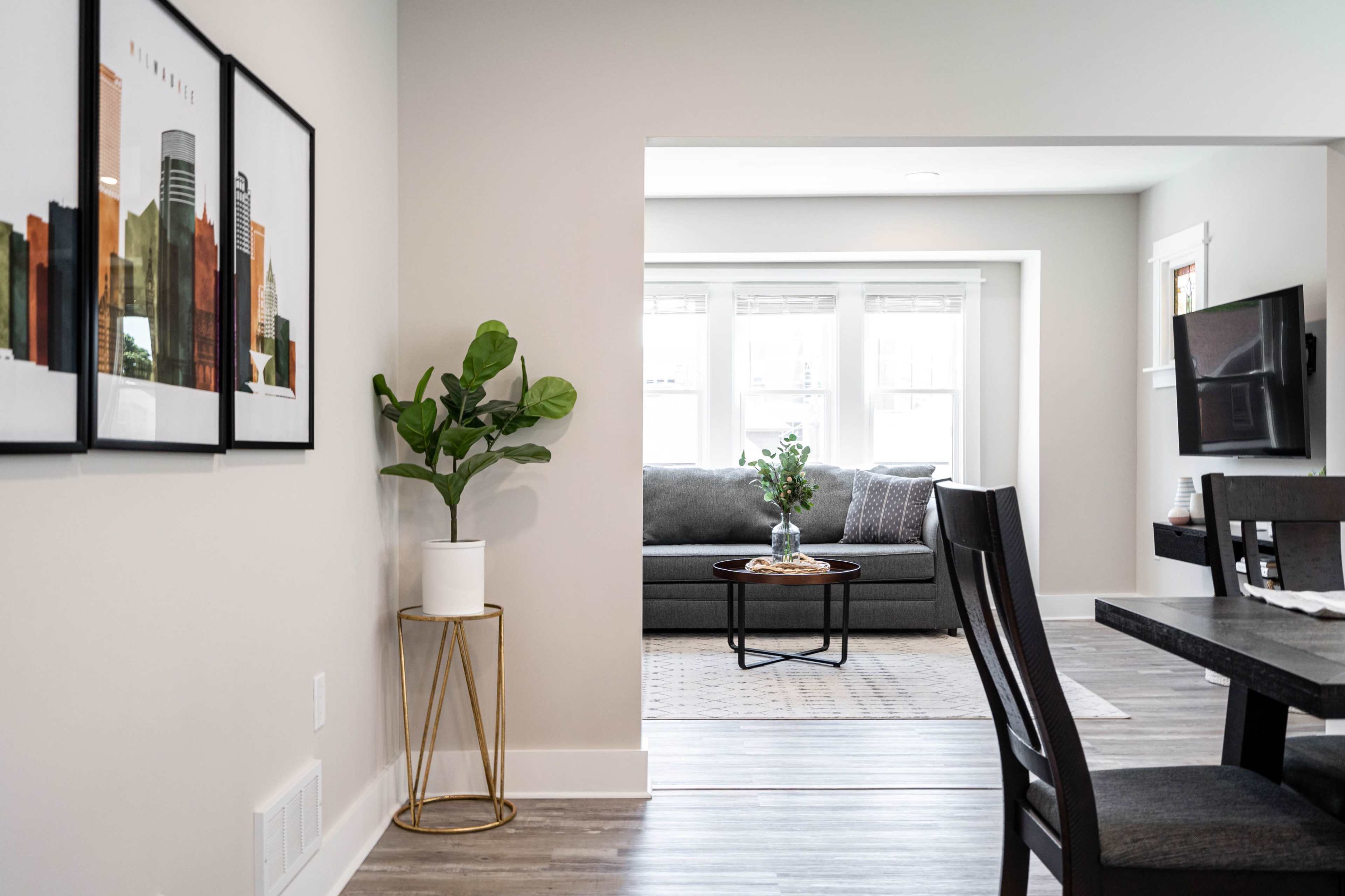 A modern living space features a dining area with a black table and chairs, leading to a gray sofa and a plant in a decorative pot near a window.
