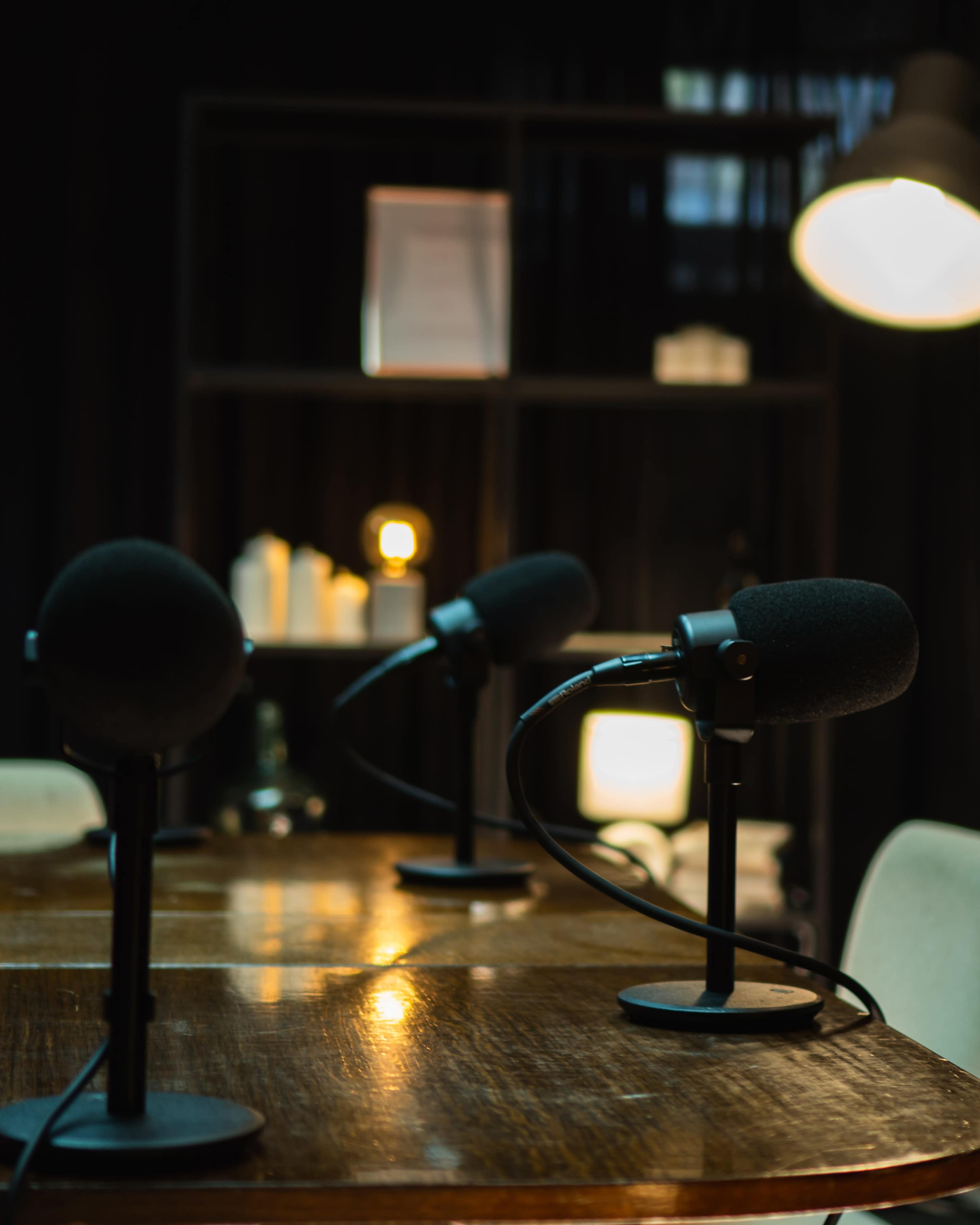 A wooden table is set with several microphones and a soft light illuminates the background shelves.