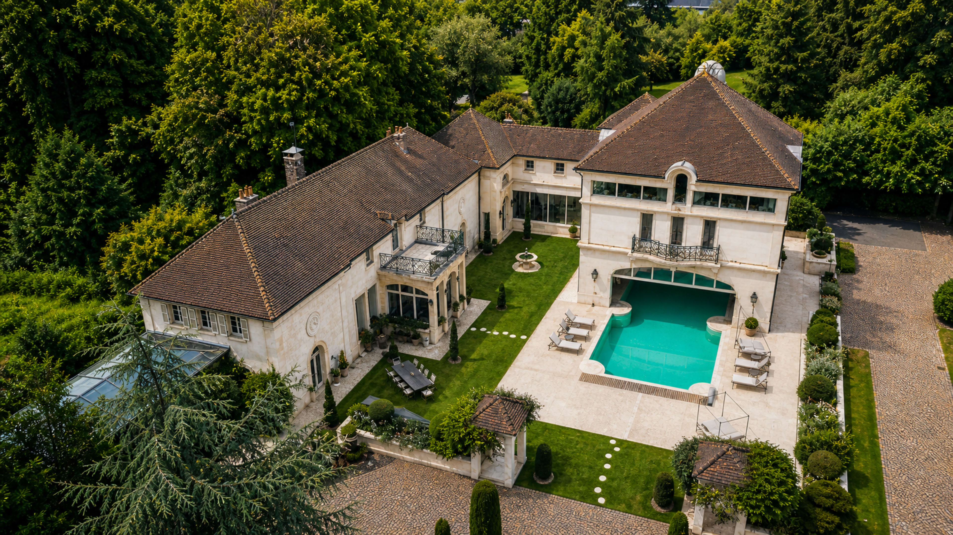 The image shows a large, elegant villa with a swimming pool, surrounded by landscaped gardens and trees.